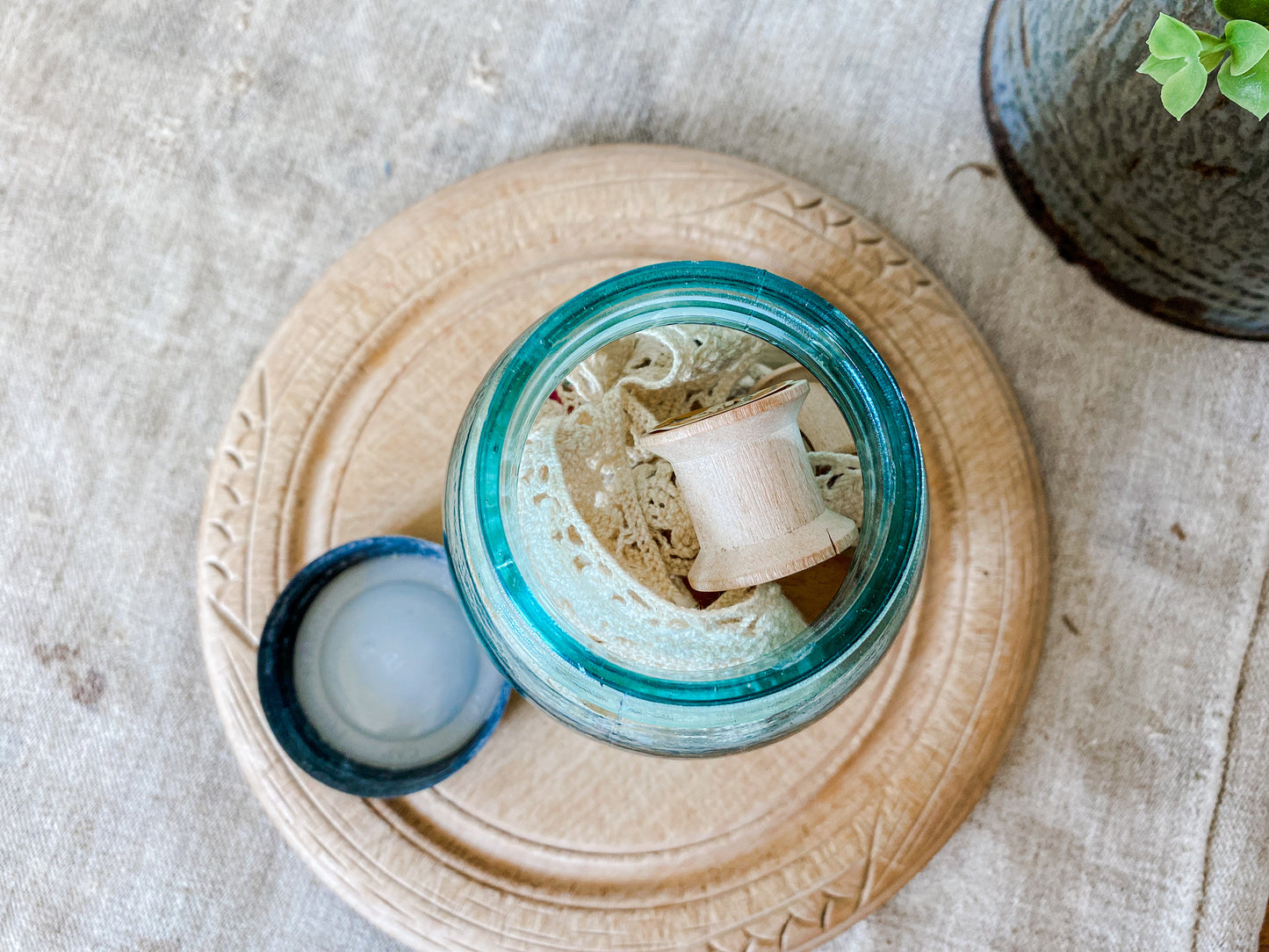 Antique Glass Canning Jar with Spools and Lace | Atlas Strong Shoulder Blue Quart Jar with Zinc Porcelain Screw Top Lid | Instant Collection