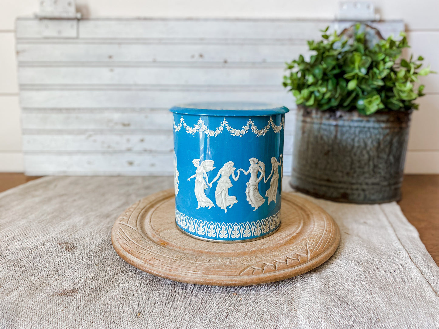 Vintage Wedgwood-Style Grecian Biscuit Tin | Blue and White Round Storage Tin | Made in England