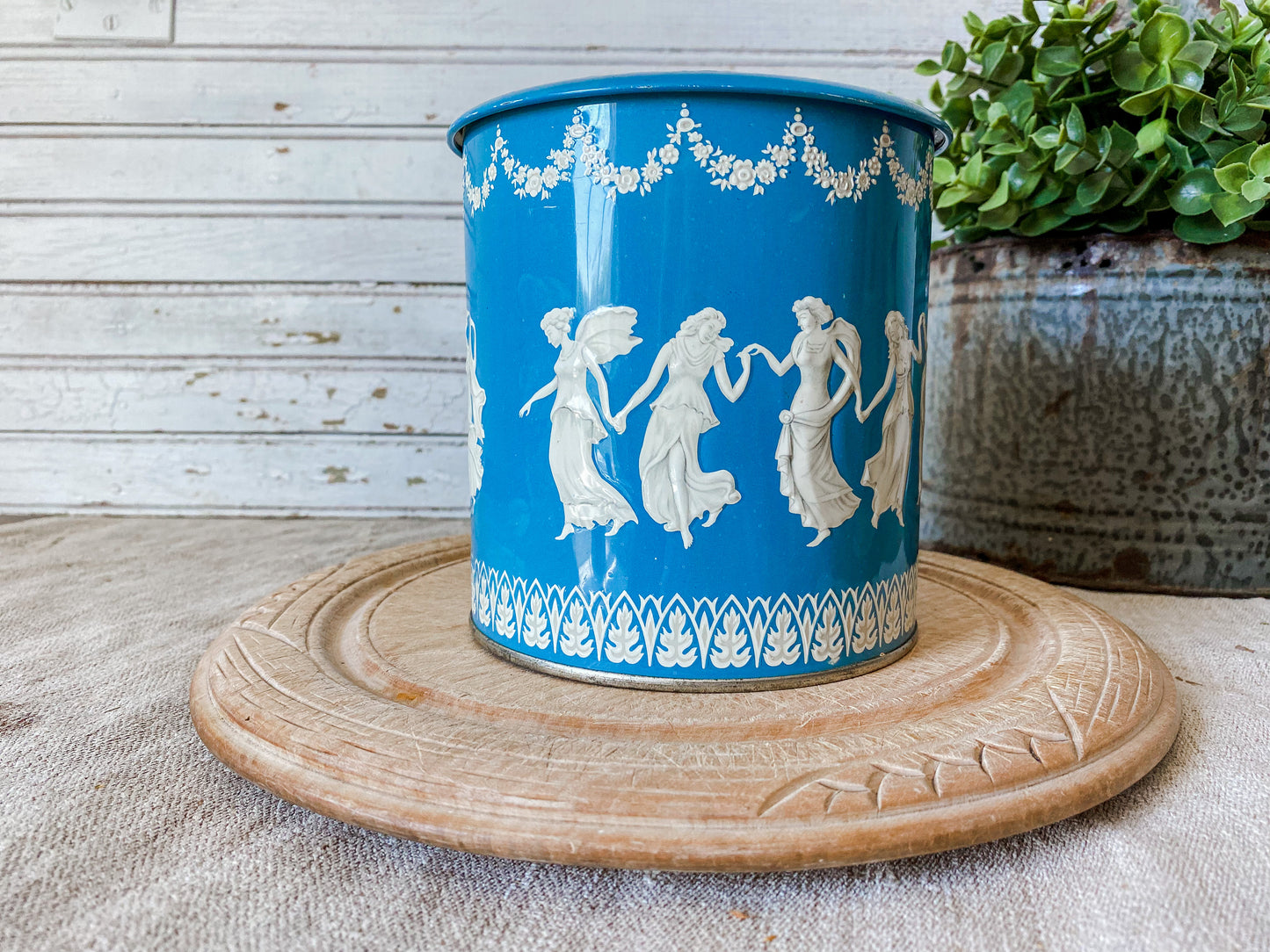 Vintage Wedgwood-Style Grecian Biscuit Tin | Blue and White Round Storage Tin | Made in England