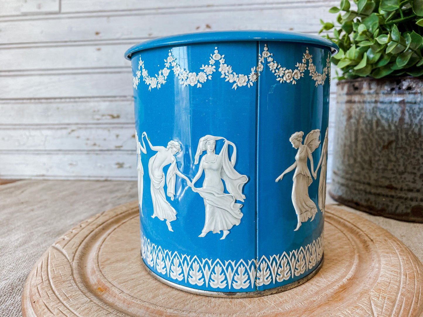 Vintage Wedgwood-Style Grecian Biscuit Tin | Blue and White Round Storage Tin | Made in England