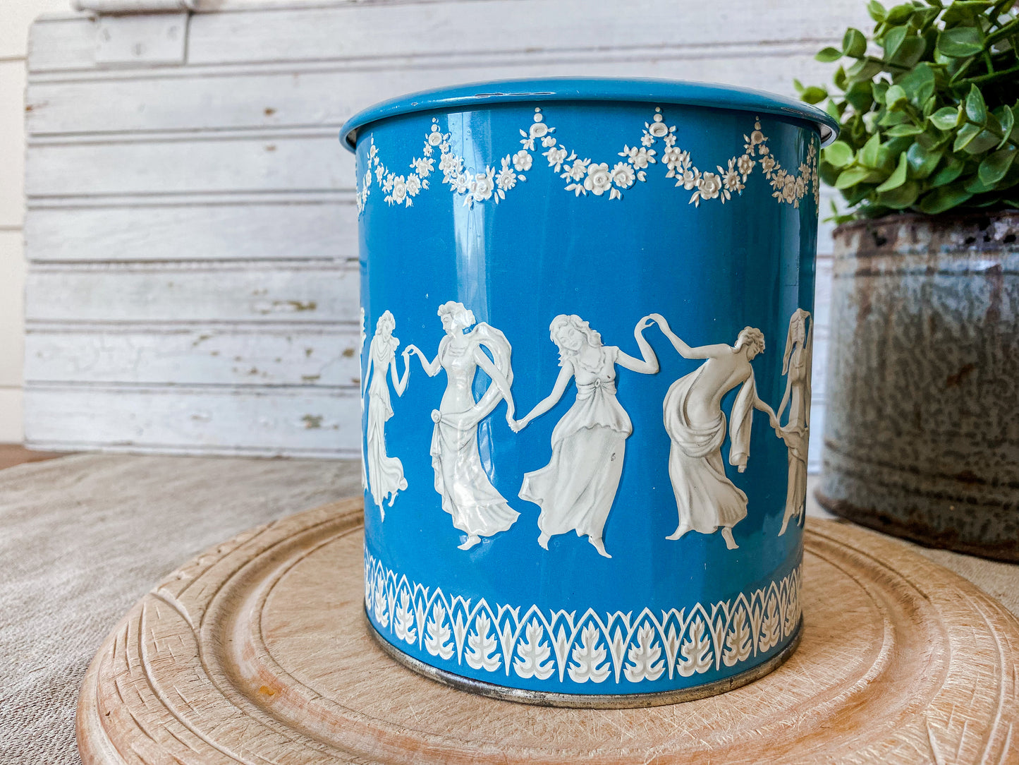 Vintage Wedgwood-Style Grecian Biscuit Tin | Blue and White Round Storage Tin | Made in England