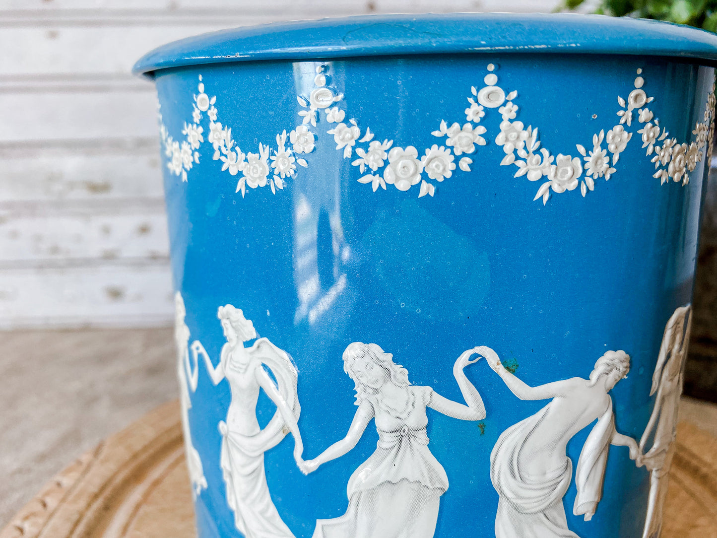 Vintage Wedgwood-Style Grecian Biscuit Tin | Blue and White Round Storage Tin | Made in England