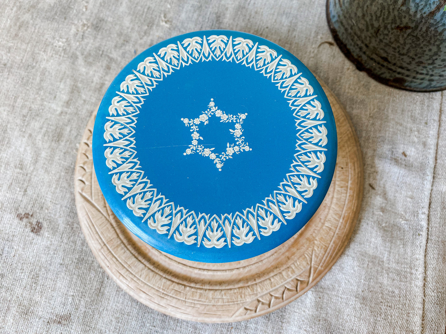 Vintage Wedgwood-Style Grecian Biscuit Tin | Blue and White Round Storage Tin | Made in England