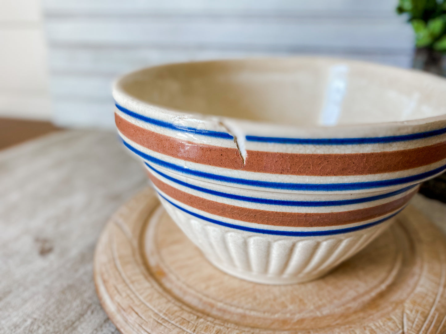 Antique Yellow Ware Ribbed Mixing Bowl | 8" Blue and Pink Striped Crock Bowl