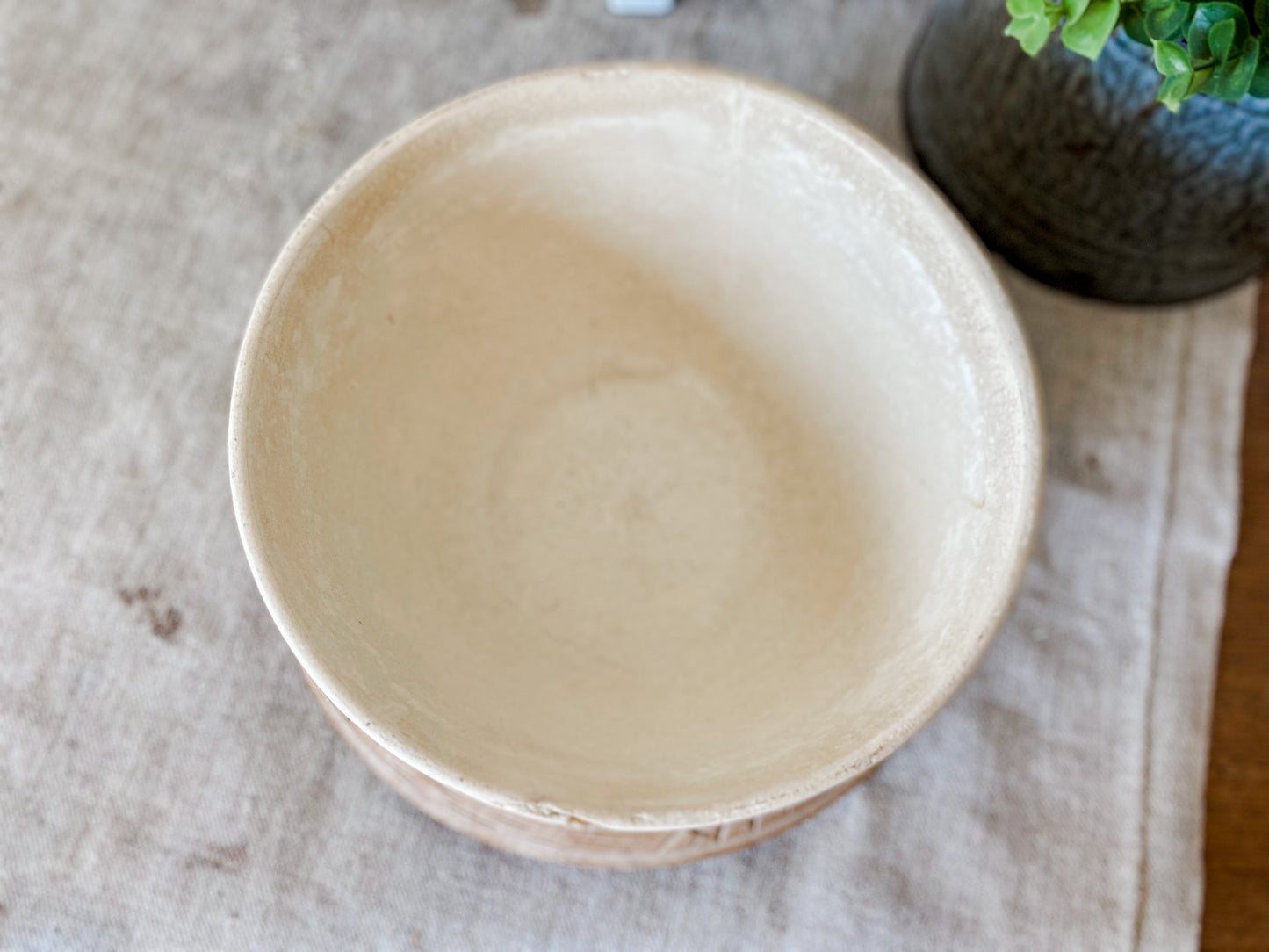 Antique Yellow Ware Ribbed Mixing Bowl | 8" Blue and Pink Striped Crock Bowl