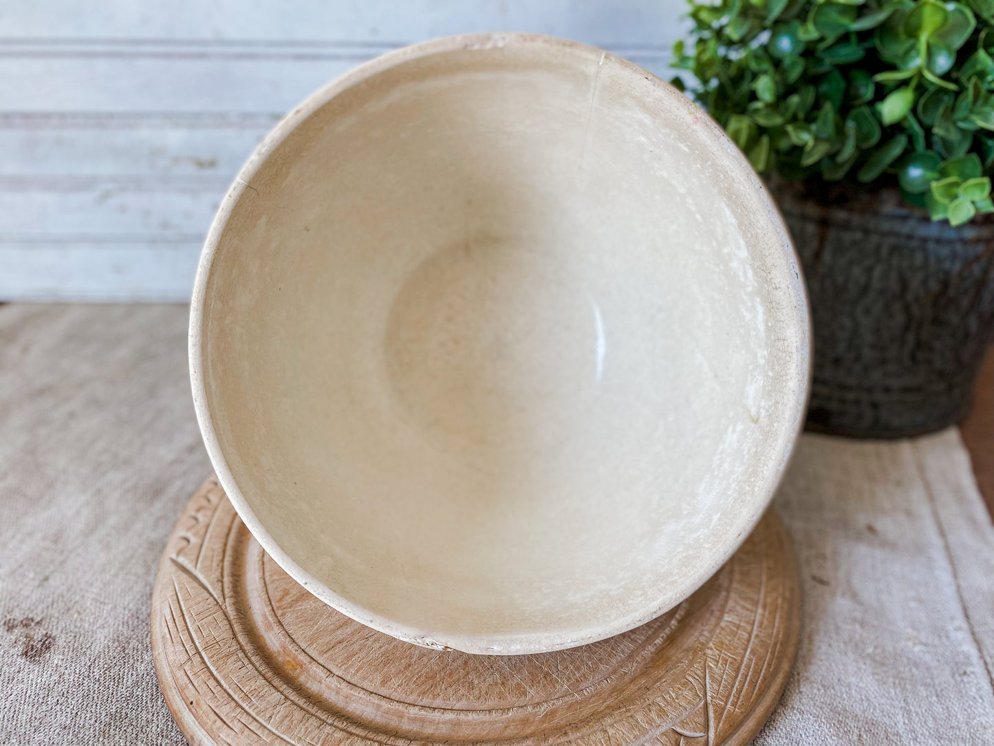 Antique Yellow Ware Ribbed Mixing Bowl | 8" Blue and Pink Striped Crock Bowl