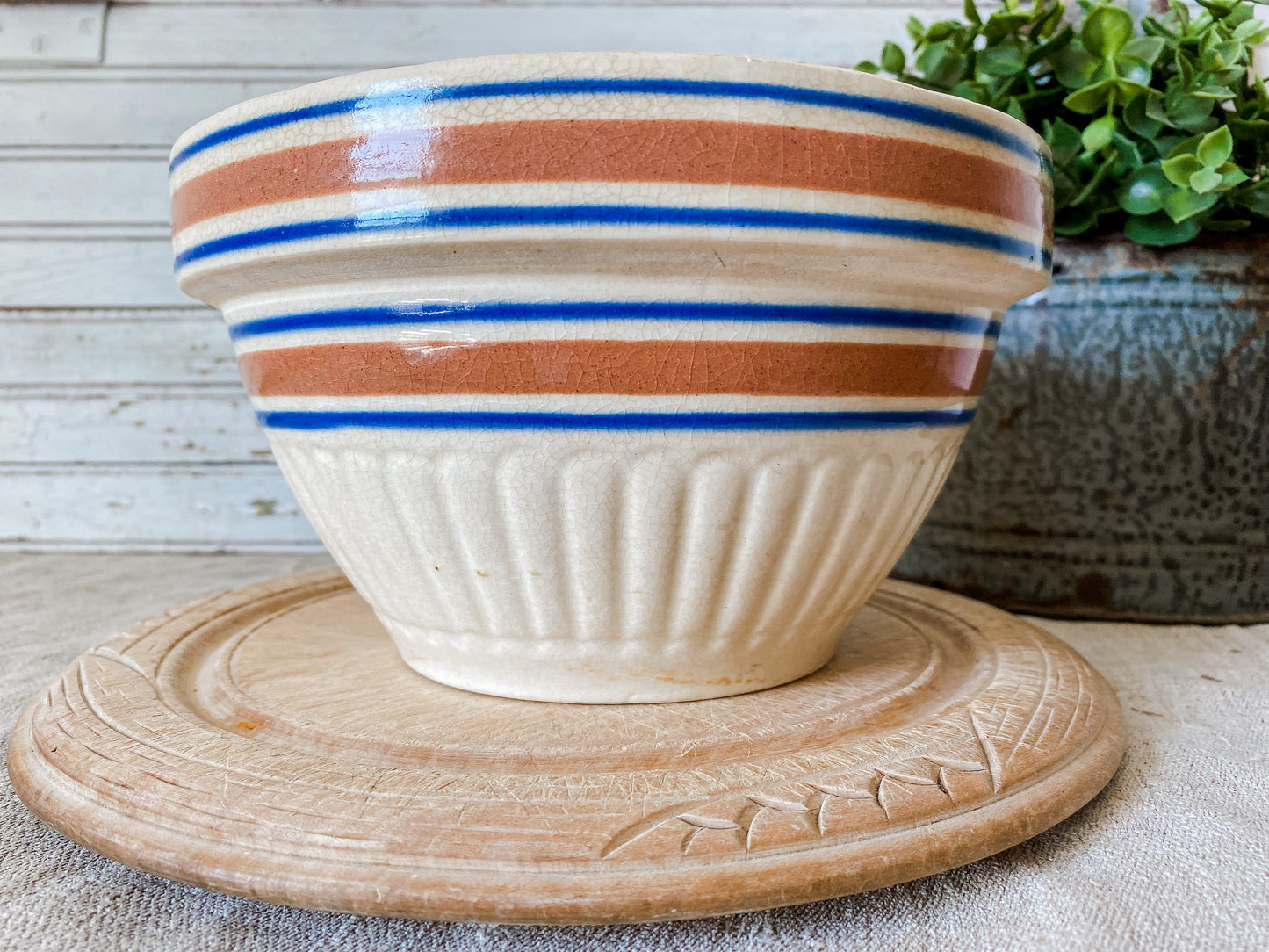 Antique Yellow Ware Ribbed Mixing Bowl | 8" Blue and Pink Striped Crock Bowl
