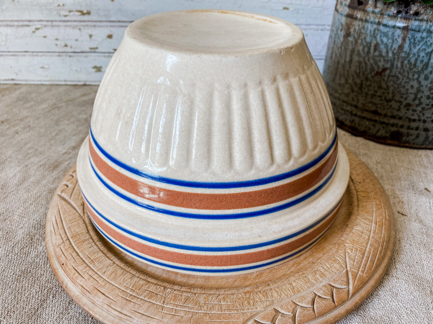 Antique Yellow Ware Ribbed Mixing Bowl | 8" Blue and Pink Striped Crock Bowl
