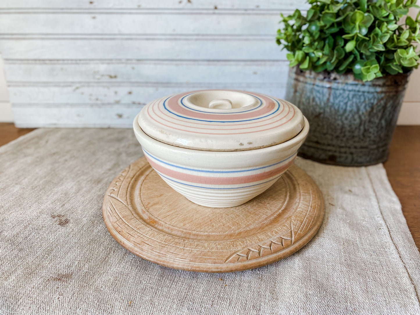 Antique Beehive Mixing Bowl with Lid | 7" Blue and Pink Striped Crock Bowl