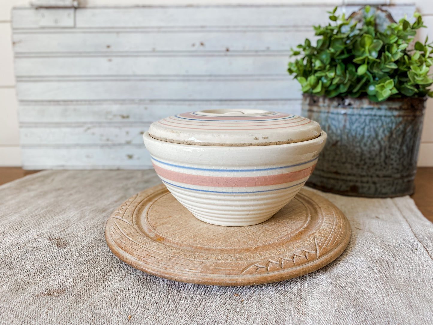 Antique Beehive Mixing Bowl with Lid | 7" Blue and Pink Striped Crock Bowl