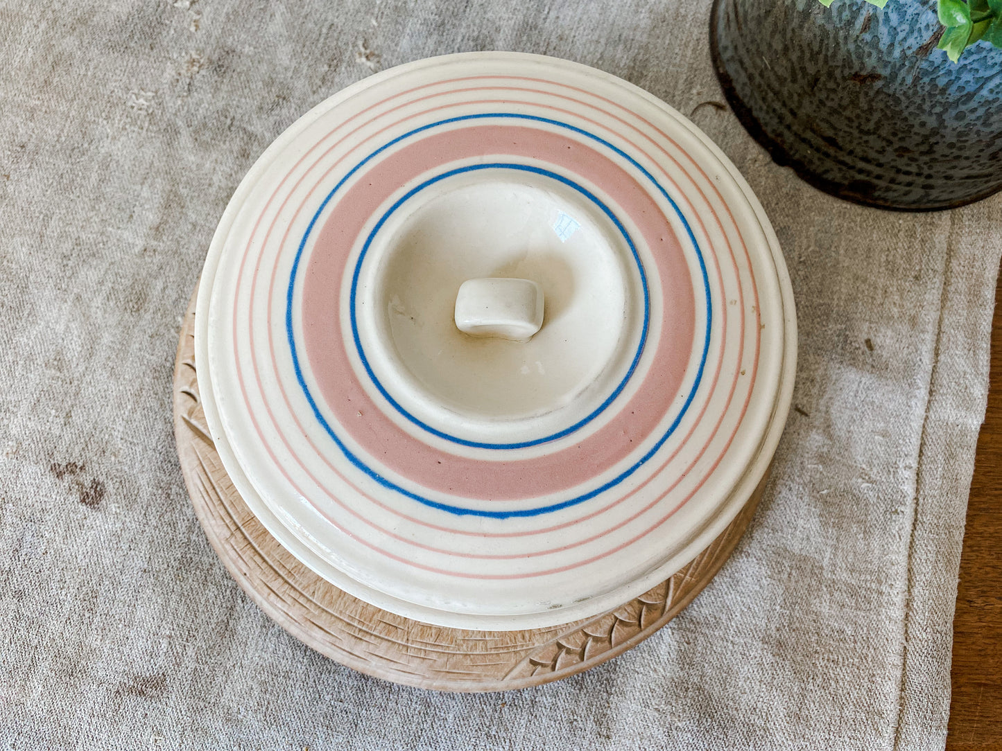 Antique Beehive Mixing Bowl with Lid | 7" Blue and Pink Striped Crock Bowl