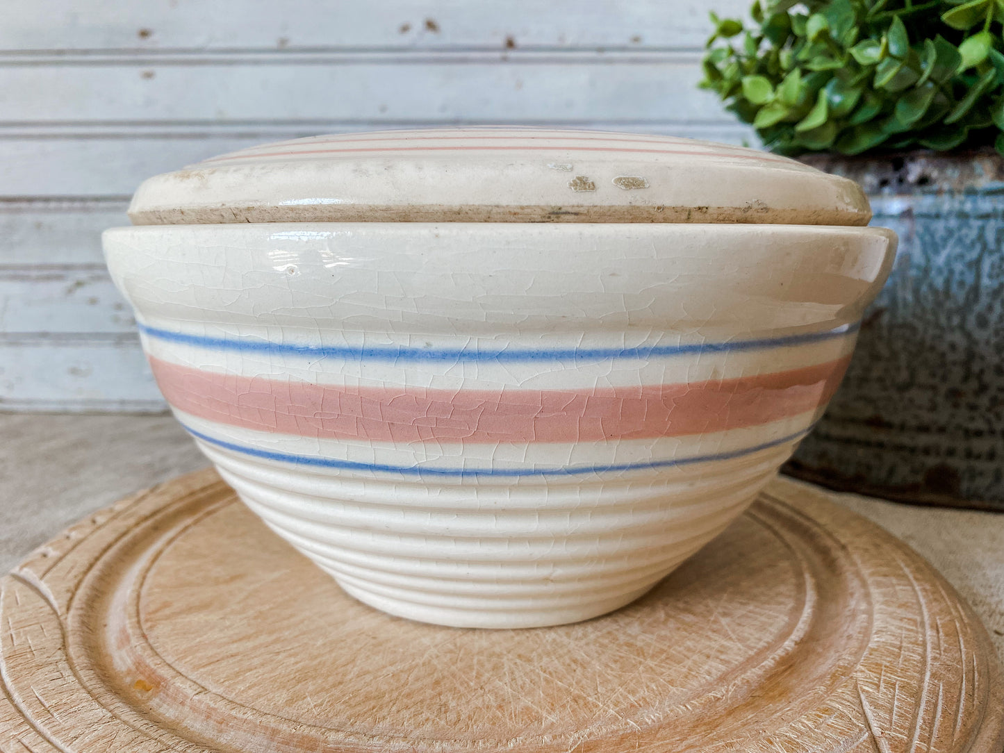 Antique Beehive Mixing Bowl with Lid | 7" Blue and Pink Striped Crock Bowl
