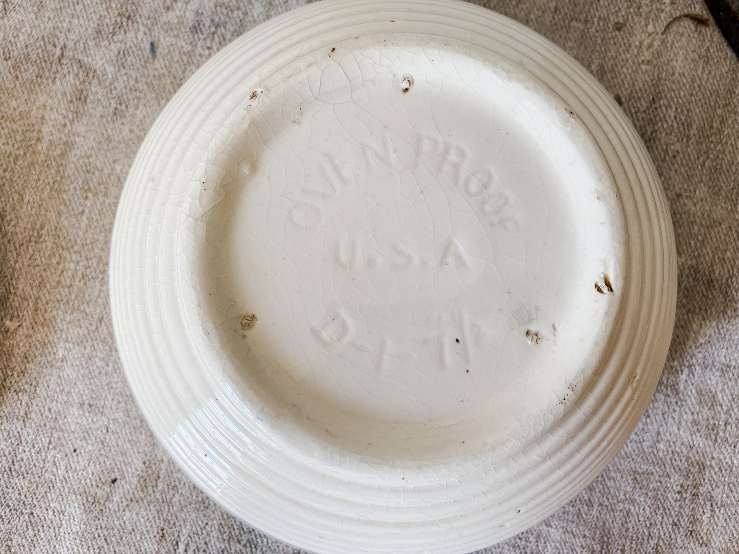 Antique Beehive Mixing Bowl with Lid | 7" Blue and Pink Striped Crock Bowl