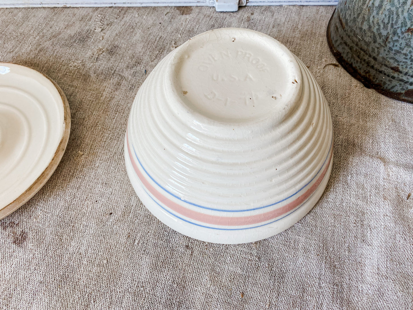 Antique Beehive Mixing Bowl with Lid | 7" Blue and Pink Striped Crock Bowl