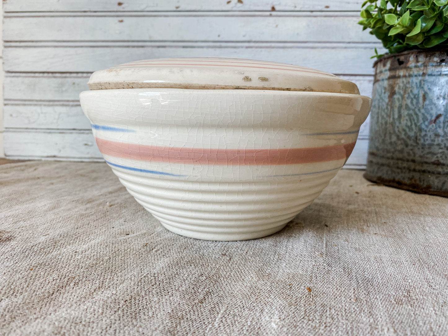 Antique Beehive Mixing Bowl with Lid | 7" Blue and Pink Striped Crock Bowl