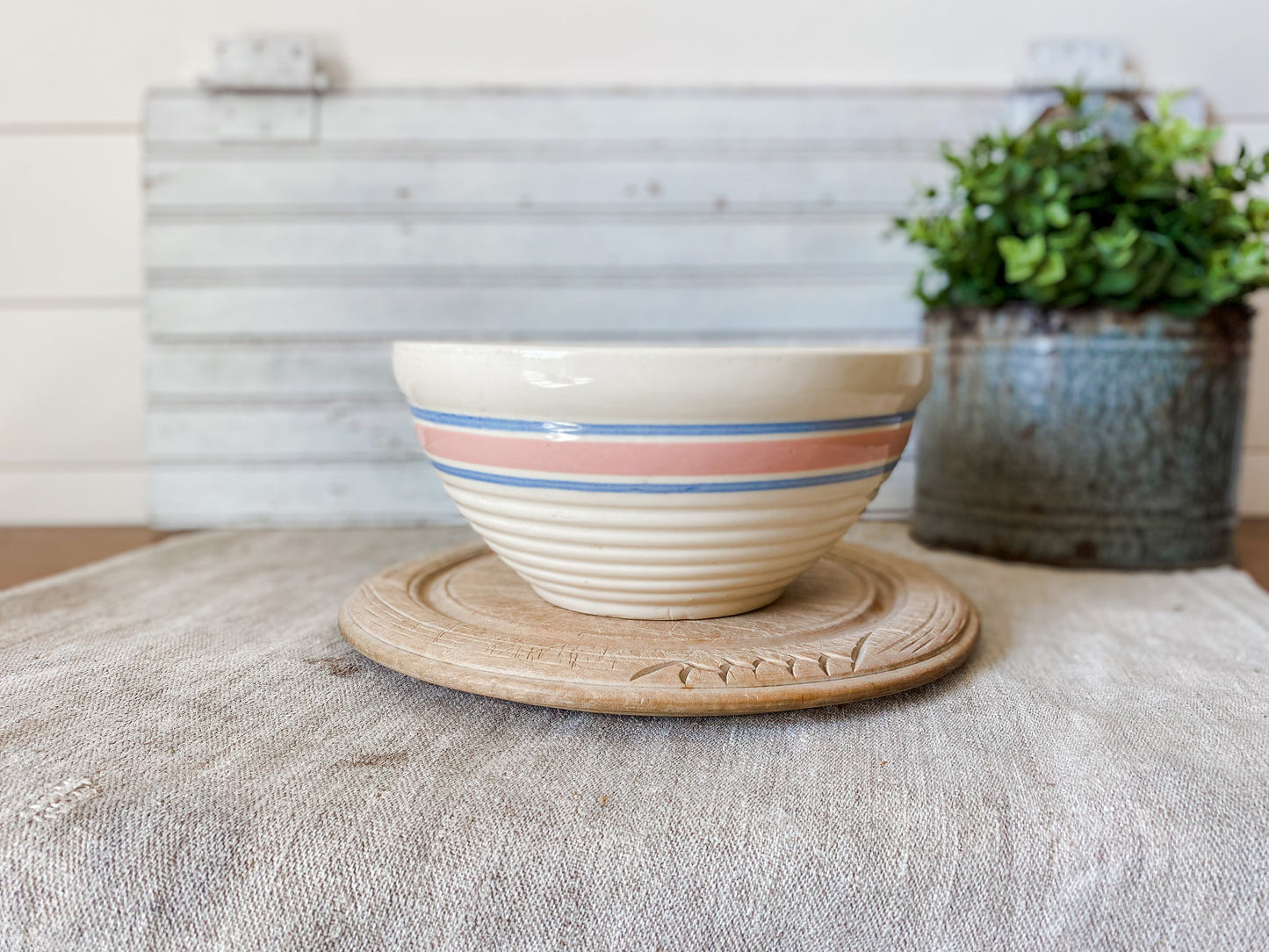 Vintage Pink and Blue Striped Beehive 8" Mixing Bowl | Farmhouse Kitchen Decor