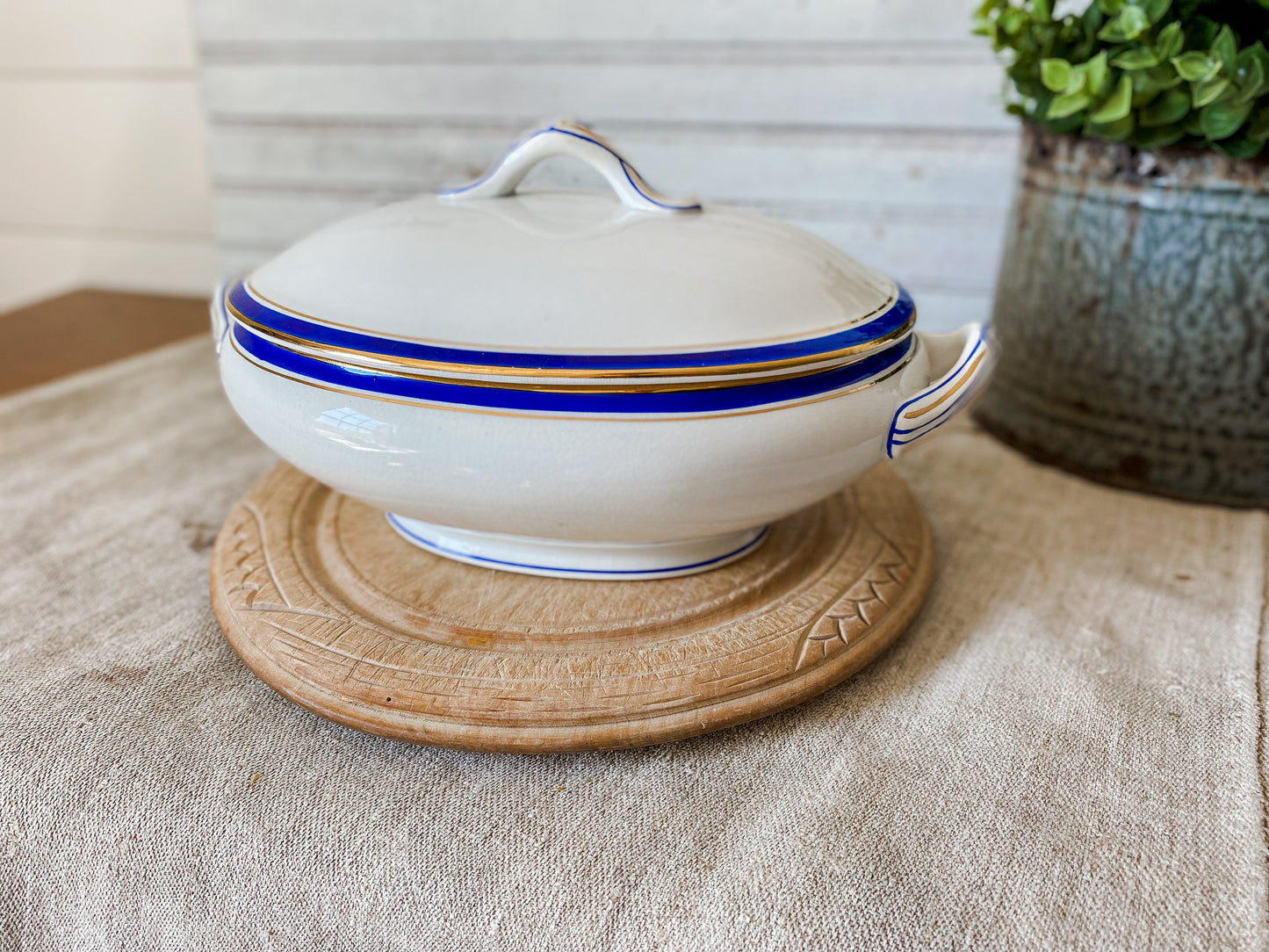Vintage Blue and Gold Ceramic Art Deco Tureen | Egersunds Fayancefabriks Norway | Crazed White Serving Dish with Lid