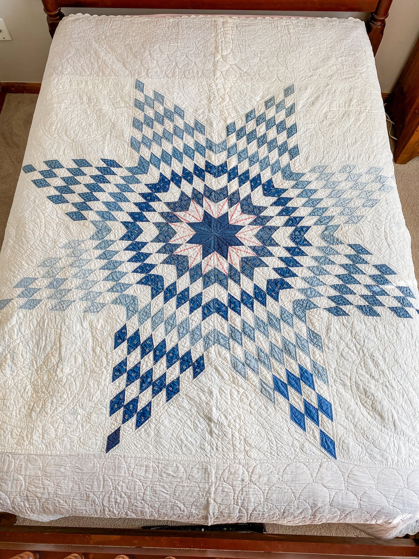 Vintage Blue and White Lone Star Quilt, c1950