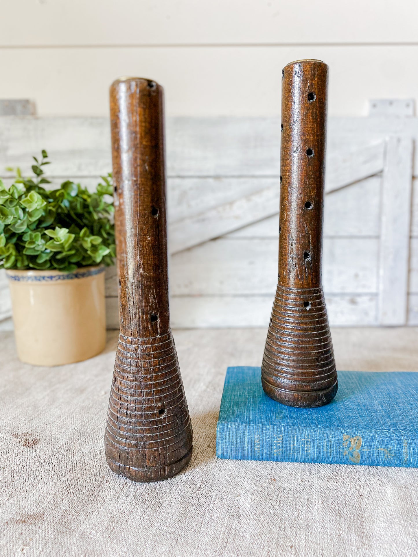 Vintage Pair of Wooden Beehive Spool Candle Holders | Dark Wood Candlesticks | Modern Rustic Farmhouse