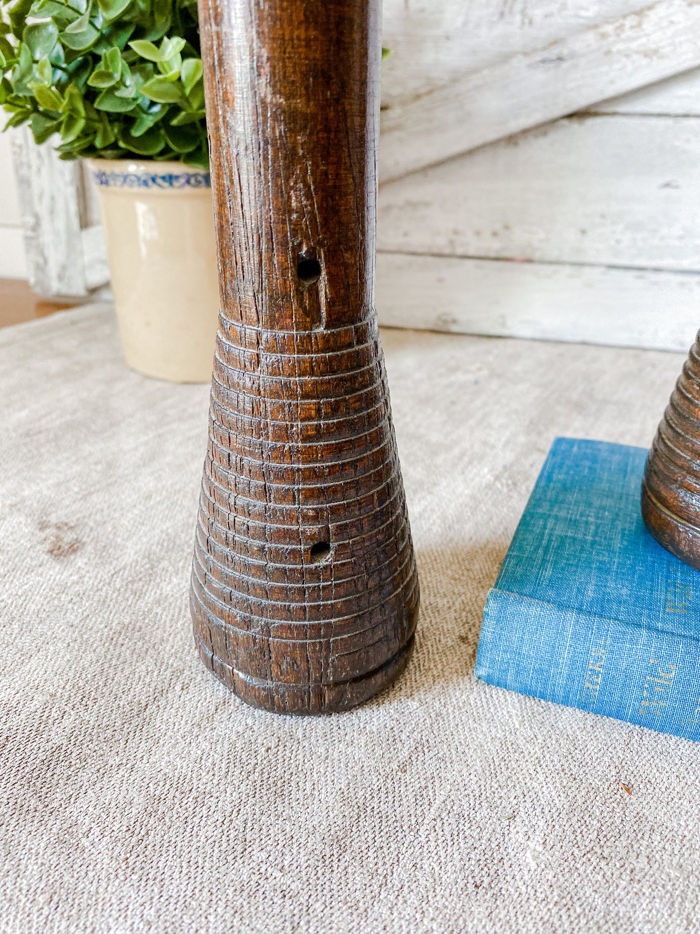 Vintage Pair of Wooden Beehive Spool Candle Holders | Dark Wood Candlesticks | Modern Rustic Farmhouse