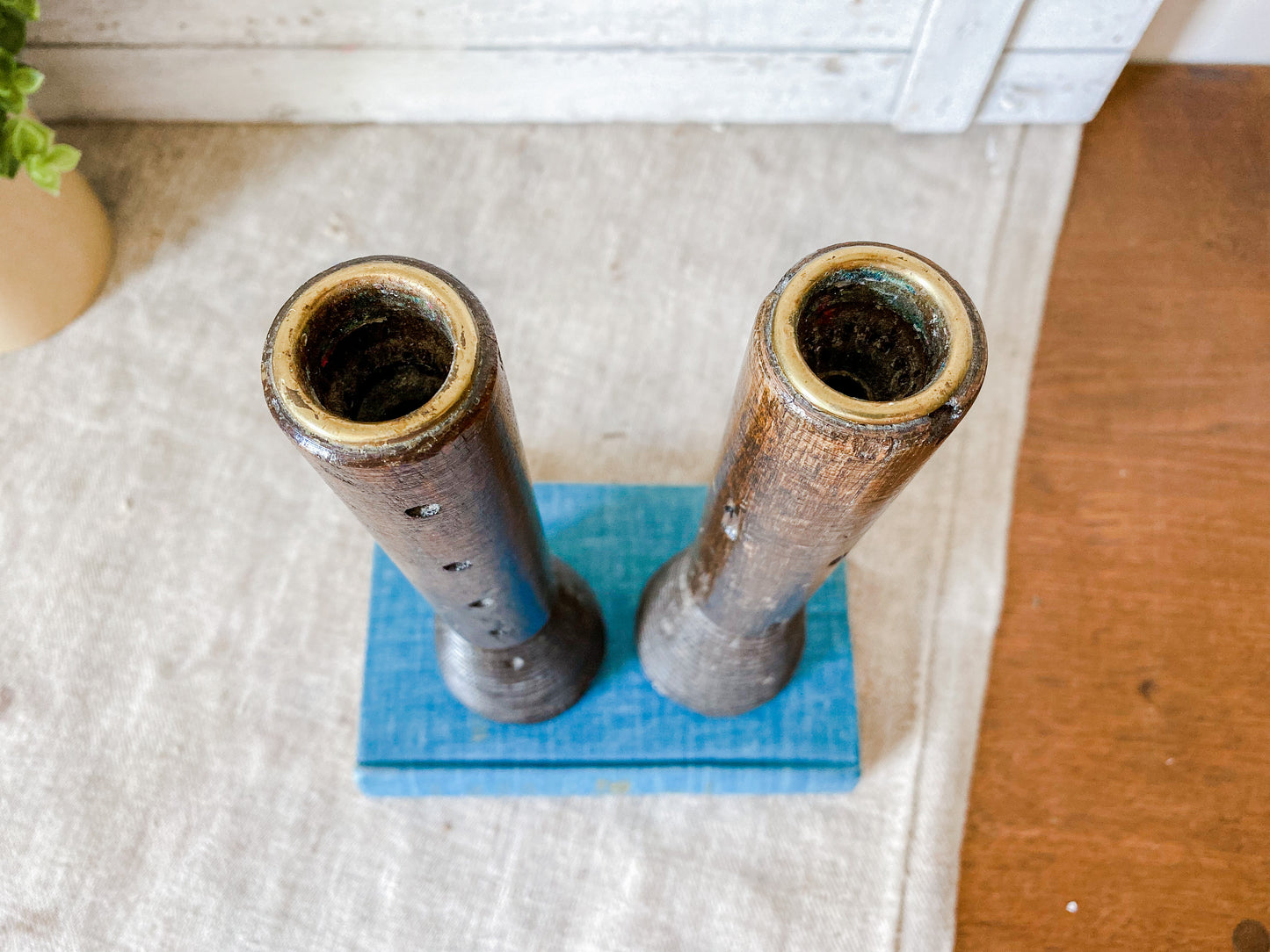 Vintage Pair of Wooden Beehive Spool Candle Holders | Dark Wood Candlesticks | Modern Rustic Farmhouse