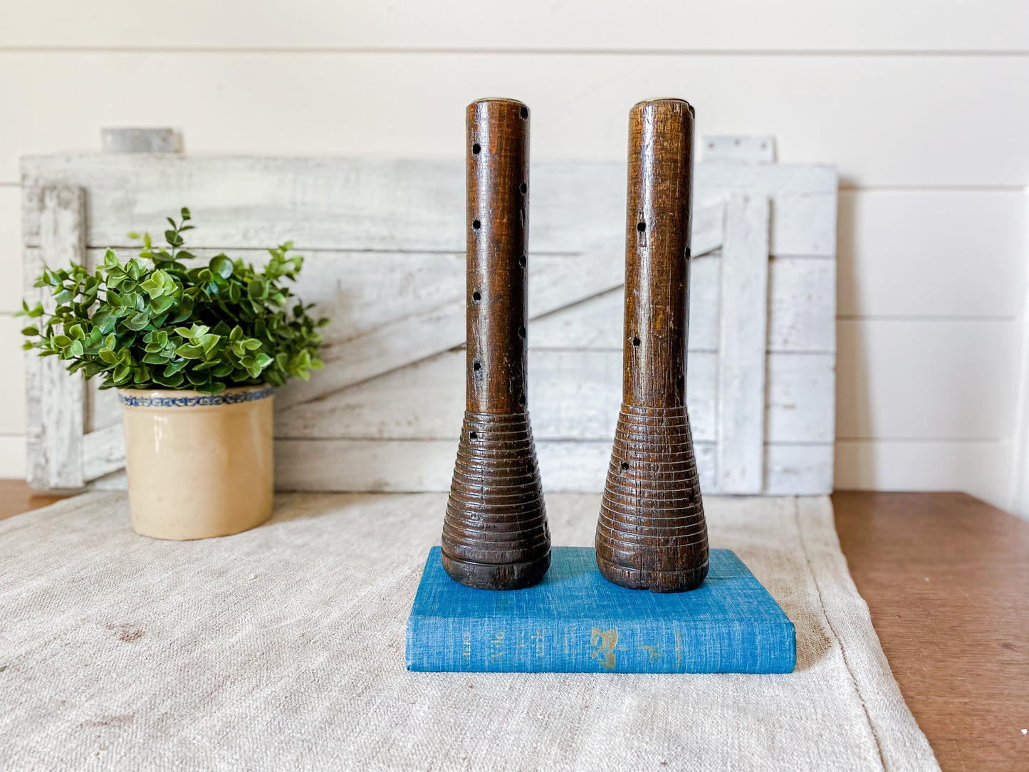Vintage Pair of Wooden Beehive Spool Candle Holders | Dark Wood Candlesticks | Modern Rustic Farmhouse