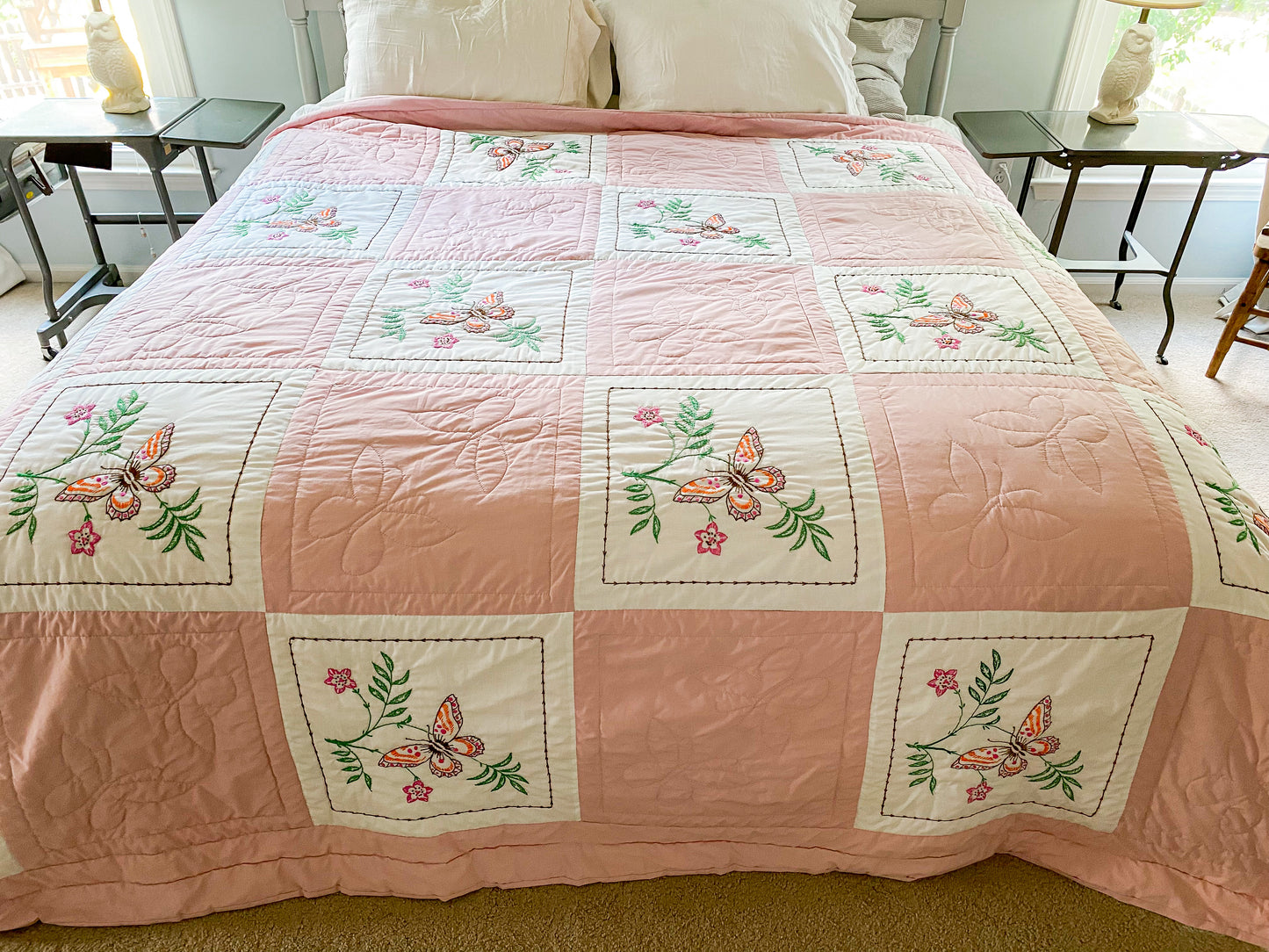 Vintage Pink and White Embroidered Queen Quilt | Butterflies and Flowers Blanket