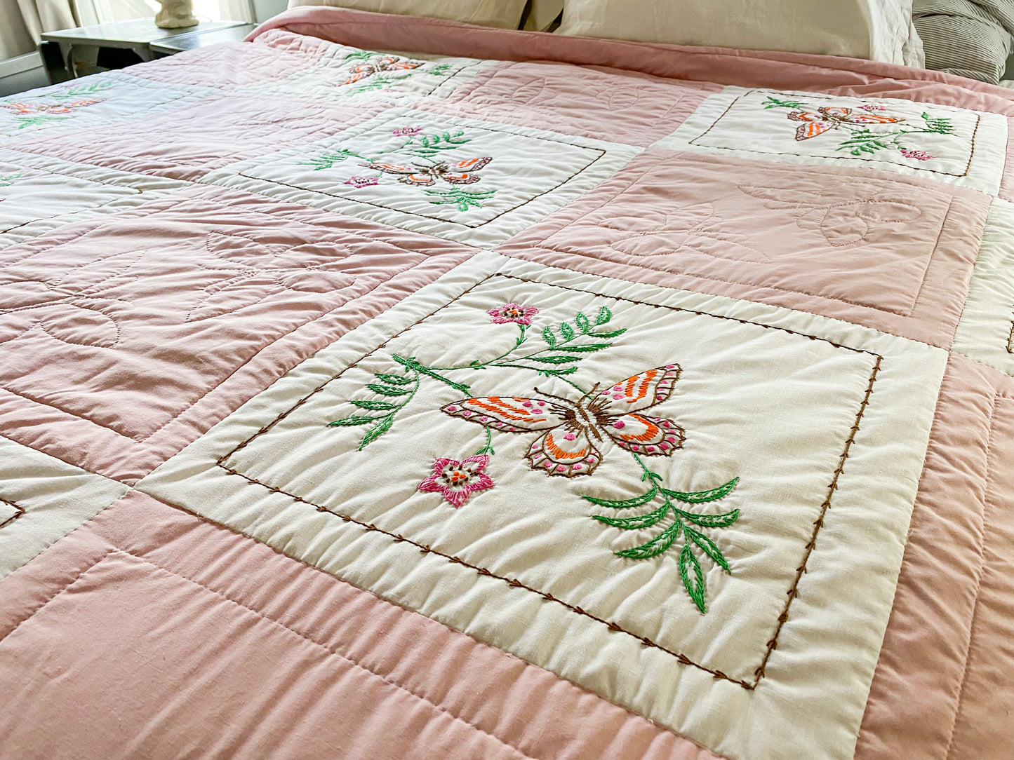 Vintage Pink and White Embroidered Queen Quilt | Butterflies and Flowers Blanket