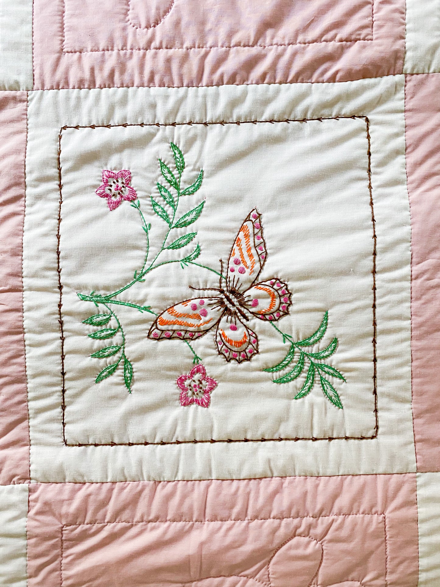 Vintage Pink and White Embroidered Queen Quilt | Butterflies and Flowers Blanket