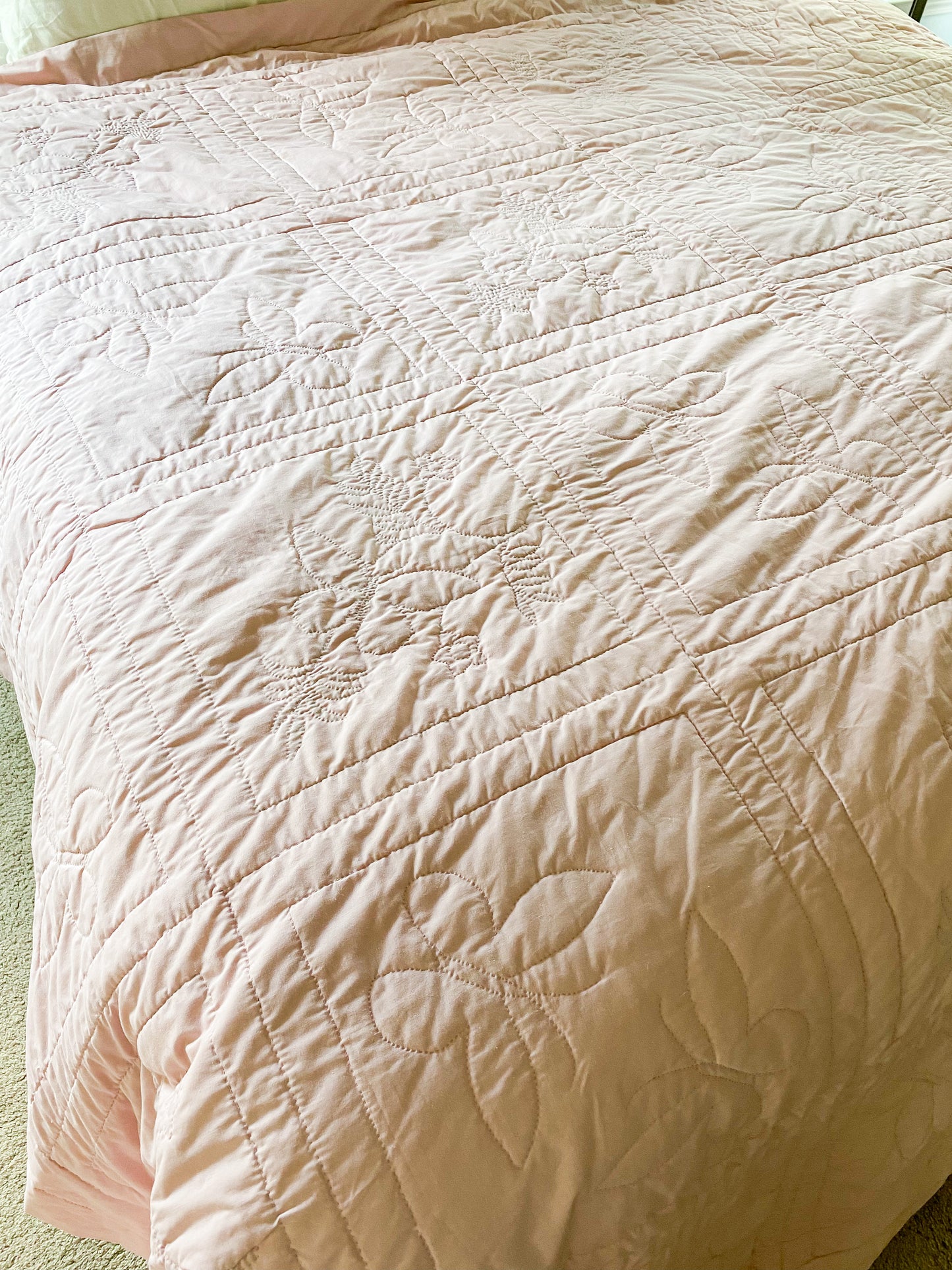 Vintage Pink and White Embroidered Queen Quilt | Butterflies and Flowers Blanket
