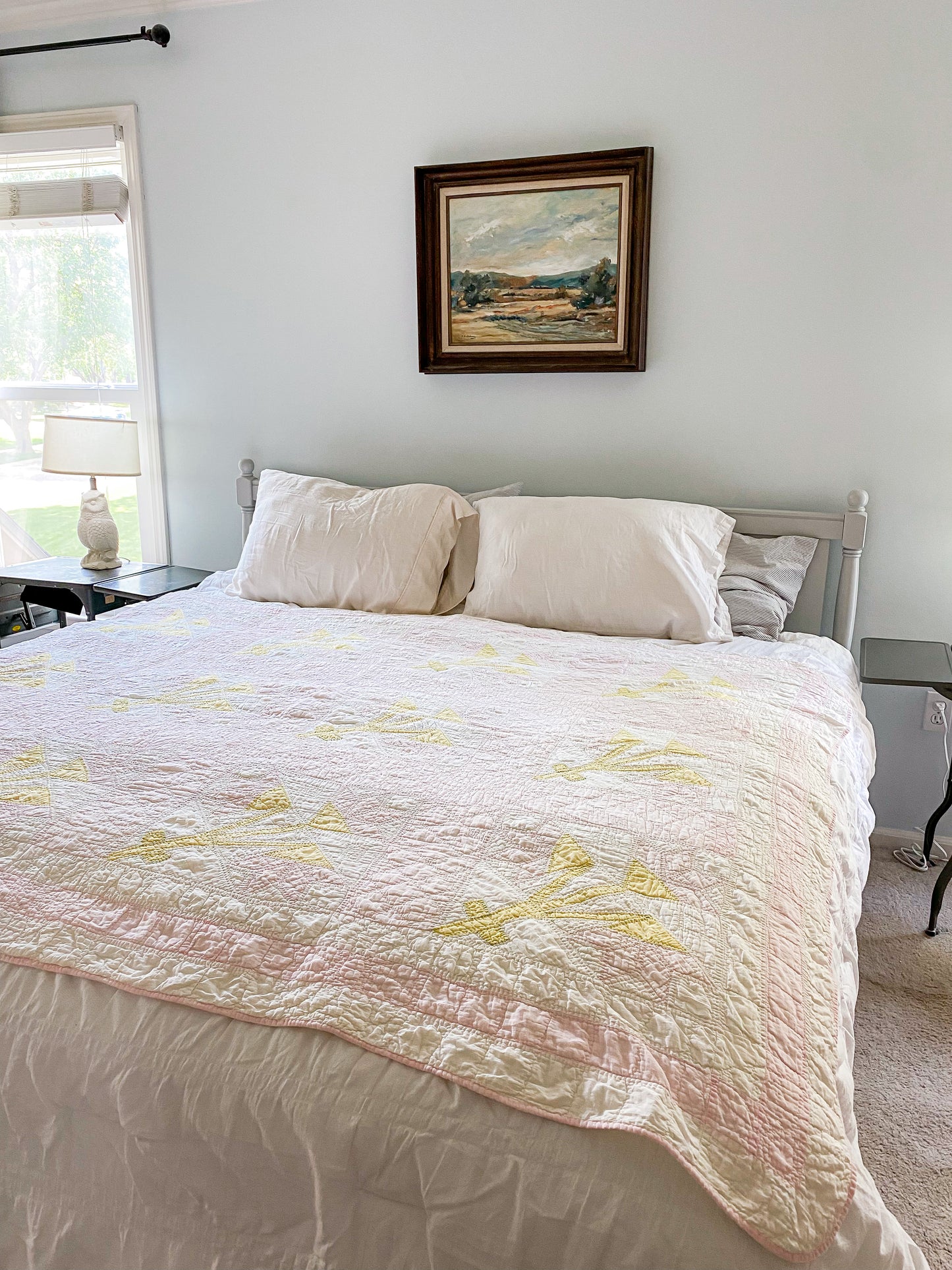 Vintage Carolina Lily Applique Quilt | Faded Pink and Lime Green Pastel Bedding | Cutter Stacker Quilt