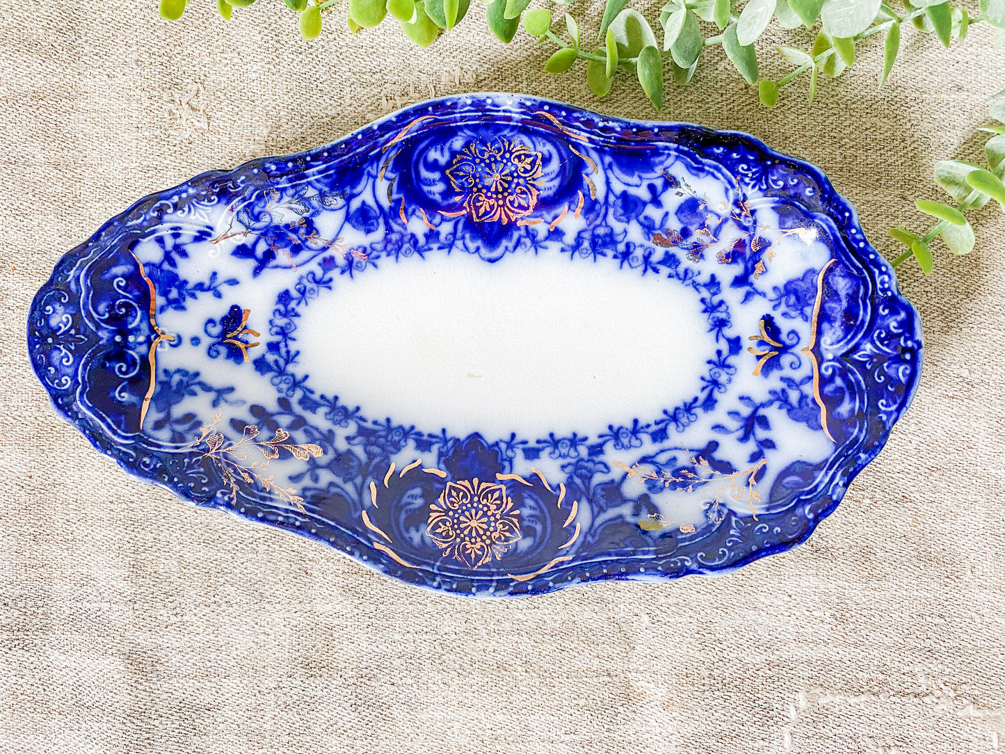 Antique Gilt Flow Blue Ironstone Relish Dish - Lakewood by Wood & Son
