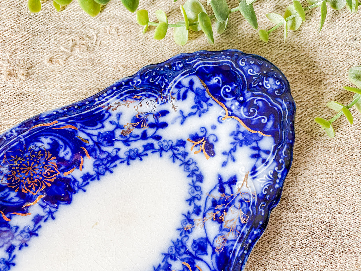 Antique Gilt Flow Blue Ironstone Relish Dish - Lakewood by Wood & Son
