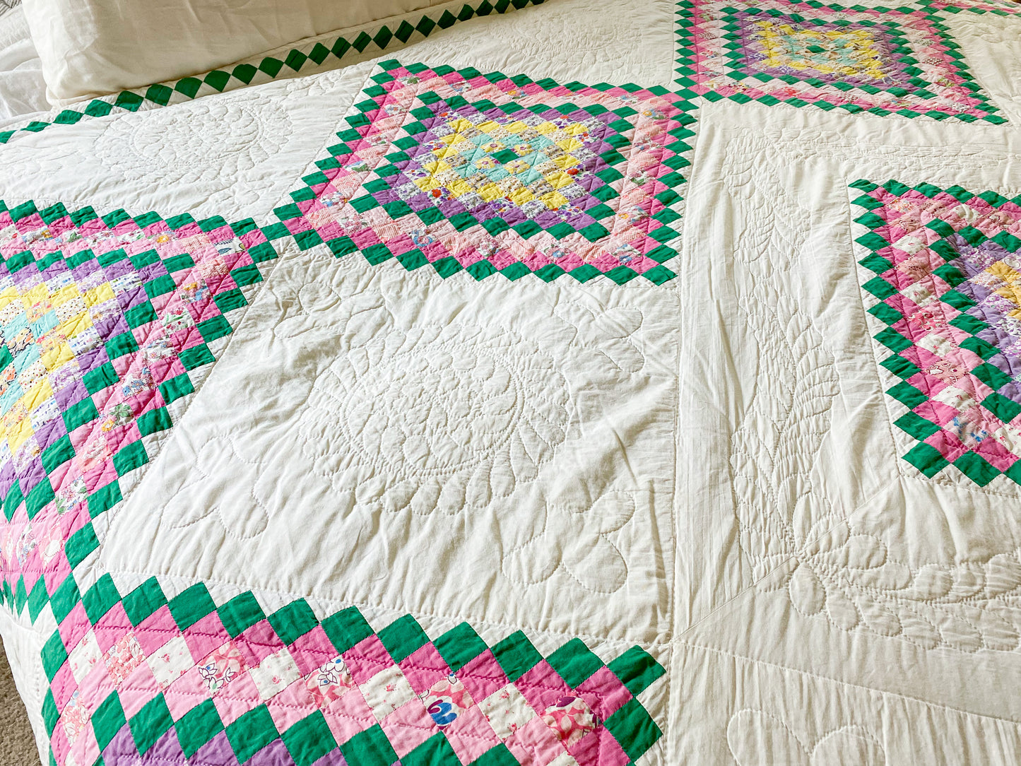 Vintage Around the World Rainbow Print Quilt | Queen Size Farmhouse Bedding
