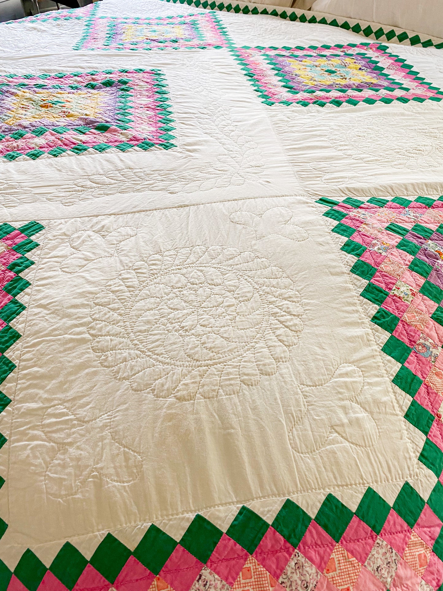 Vintage Around the World Rainbow Print Quilt | Queen Size Farmhouse Bedding