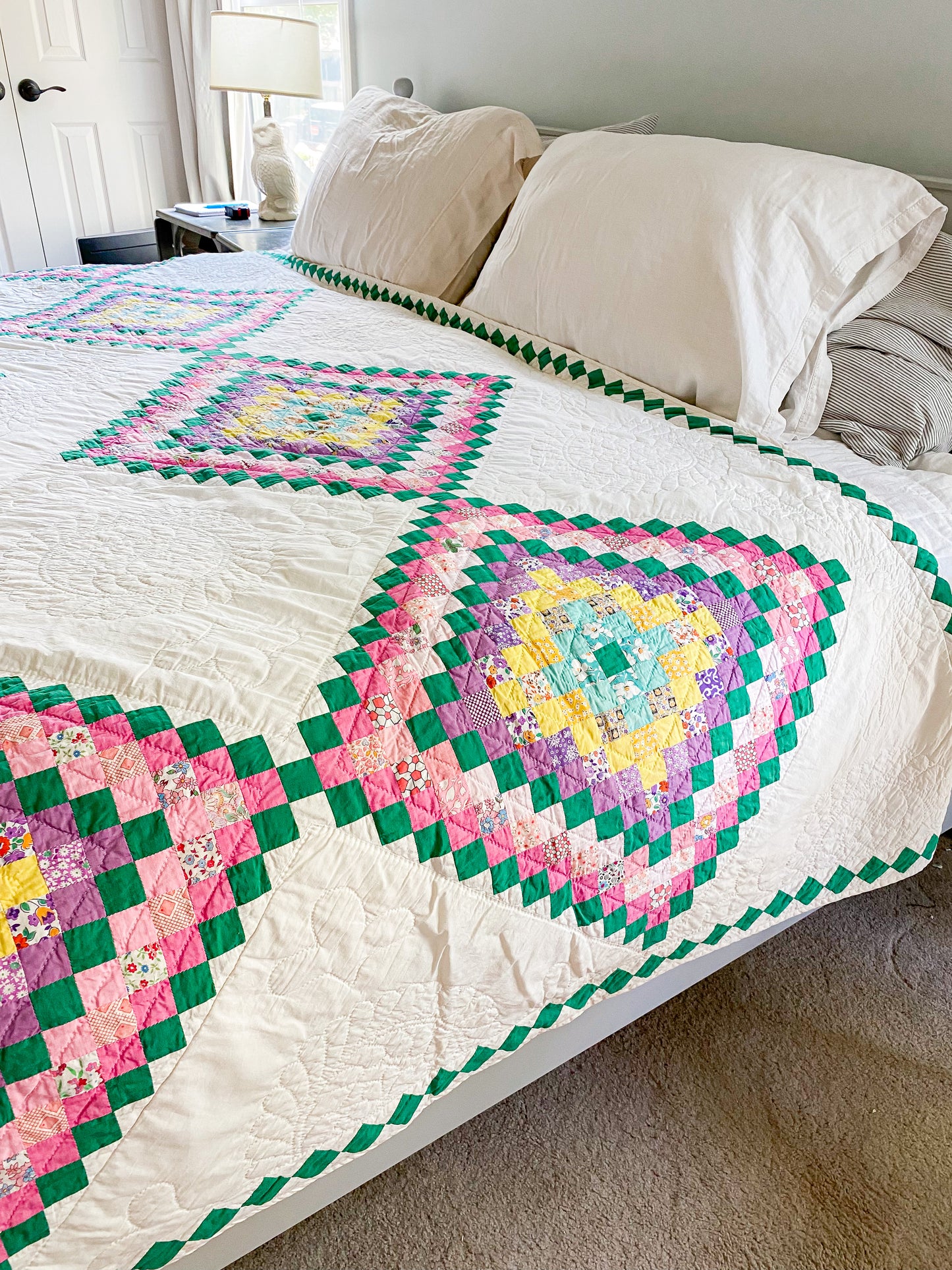 Vintage Around the World Rainbow Print Quilt | Queen Size Farmhouse Bedding