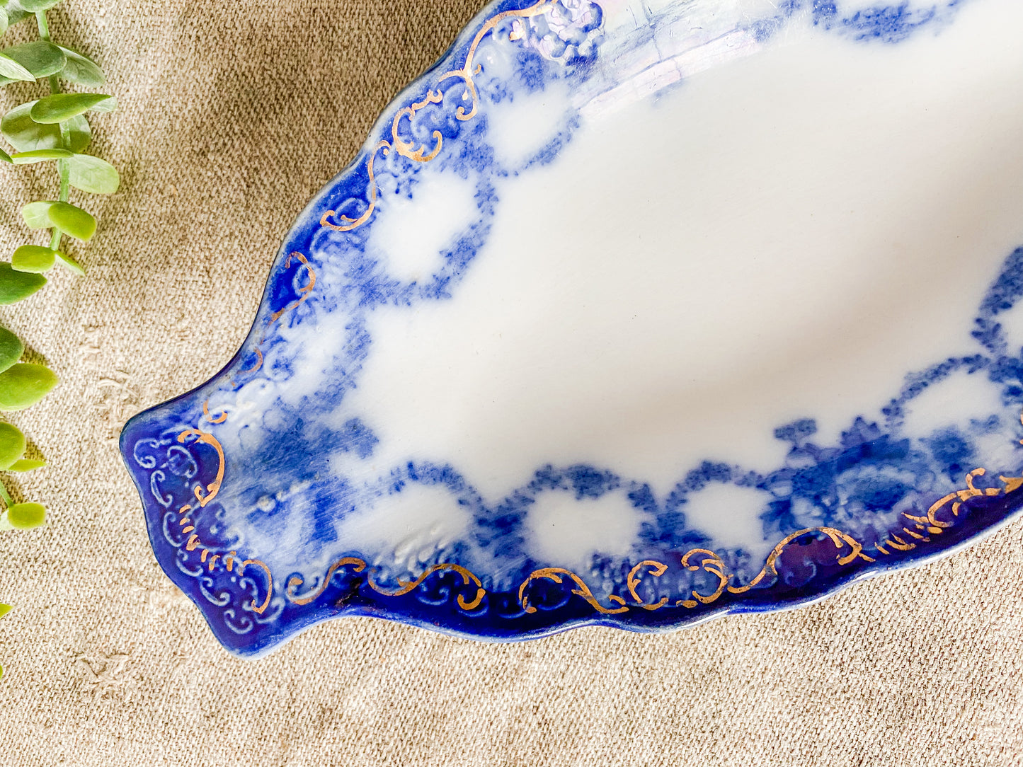 Antique Gilt Flow Blue Ironstone Relish Dish - Ebor by Ridgway