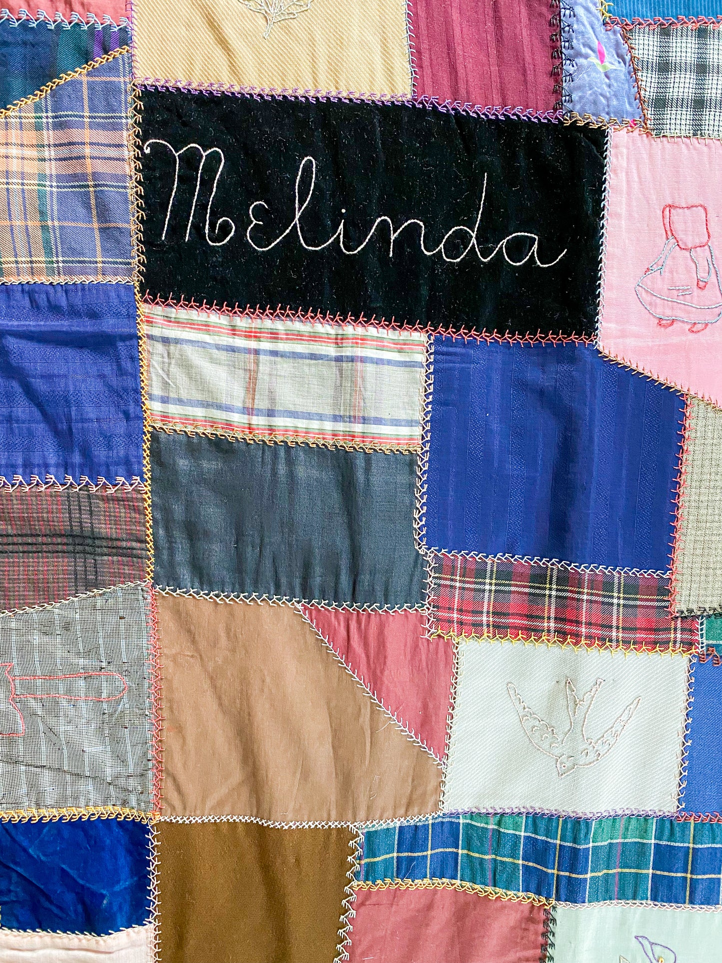 Antique 1919 Signed Crazy Quilt by Melinda | Kansas Farmhouse Quilt with Provenance