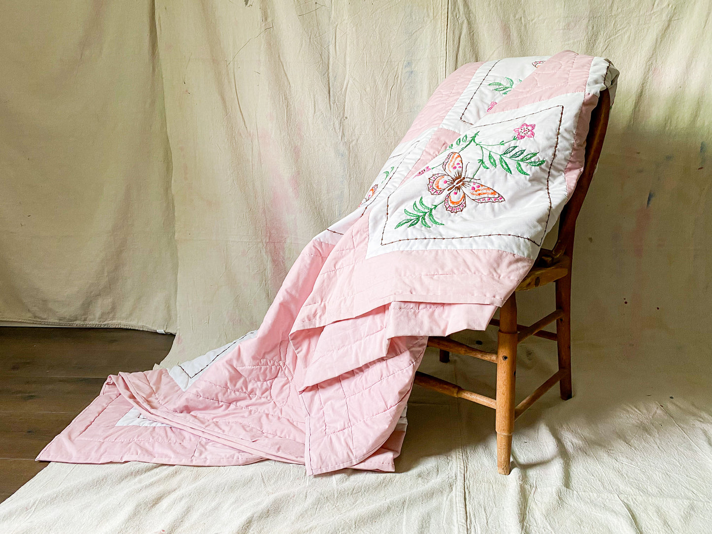 Vintage Pink and White Embroidered Queen Quilt | Butterflies and Flowers Blanket