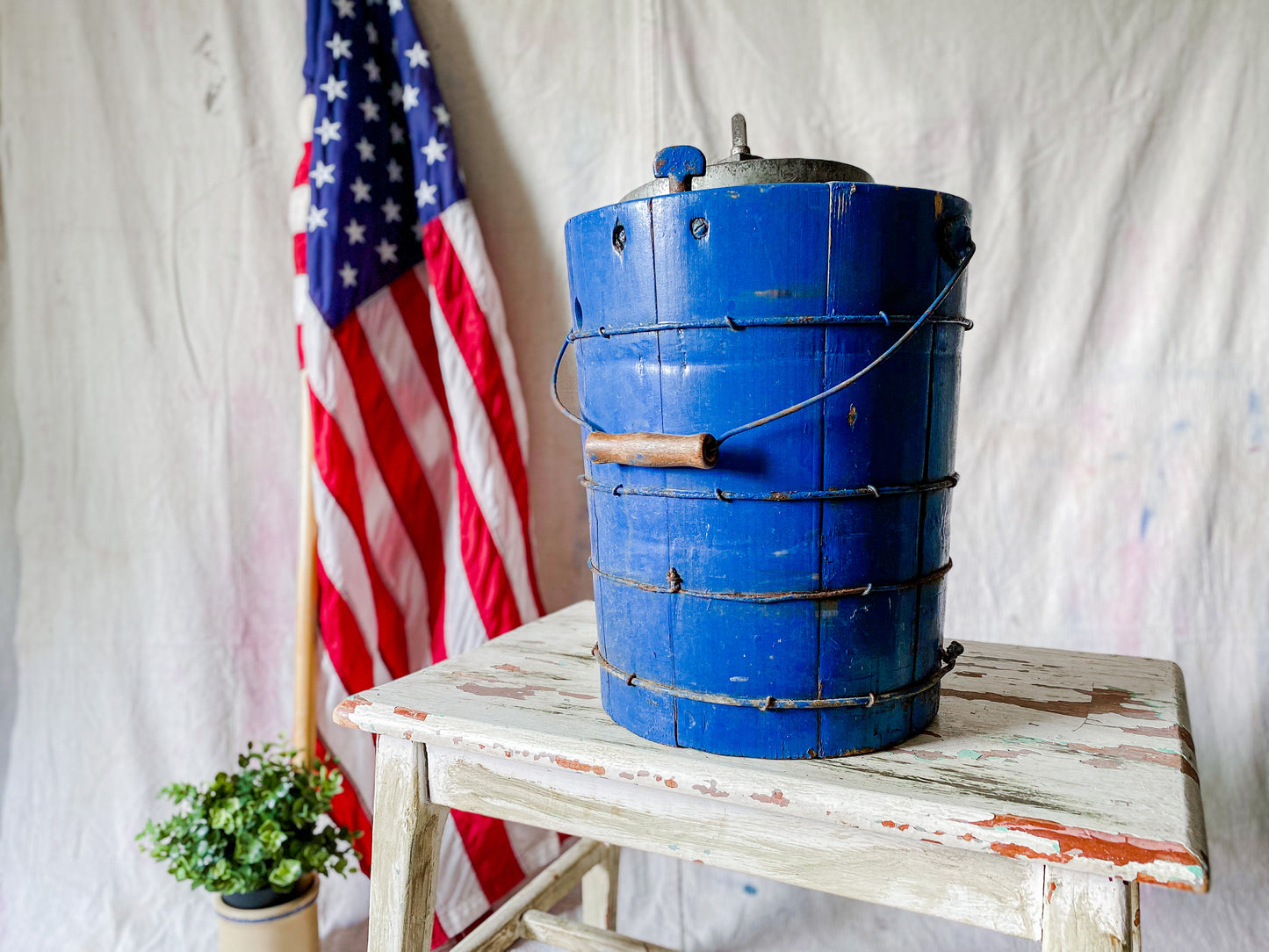 Vintage Blue Chippy Wood Ice Cream Bucket with White Mountain Churn Pail | Rustic Farmhouse Decor