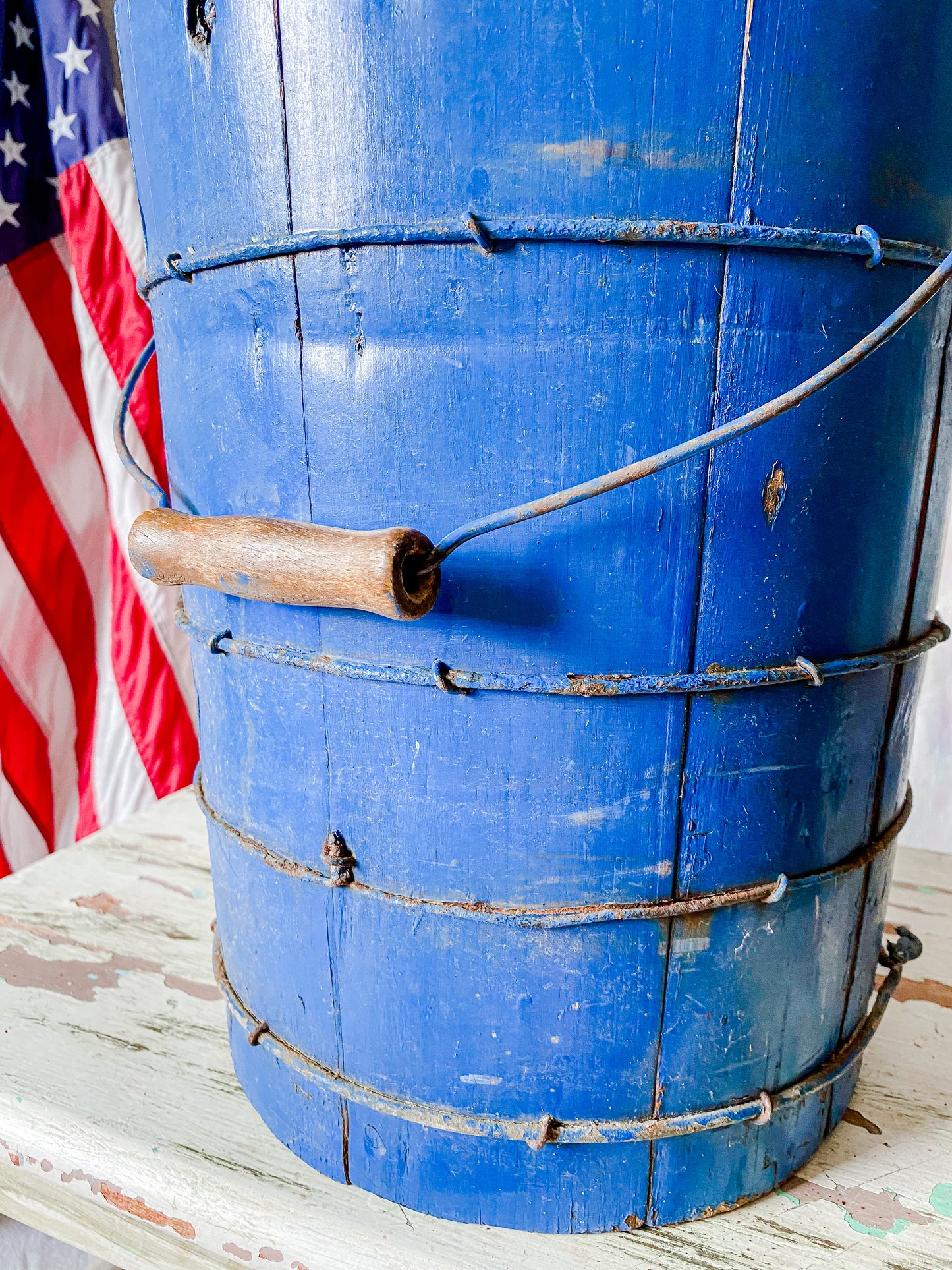 Vintage Blue Chippy Wood Ice Cream Bucket with White Mountain Churn Pail | Rustic Farmhouse Decor