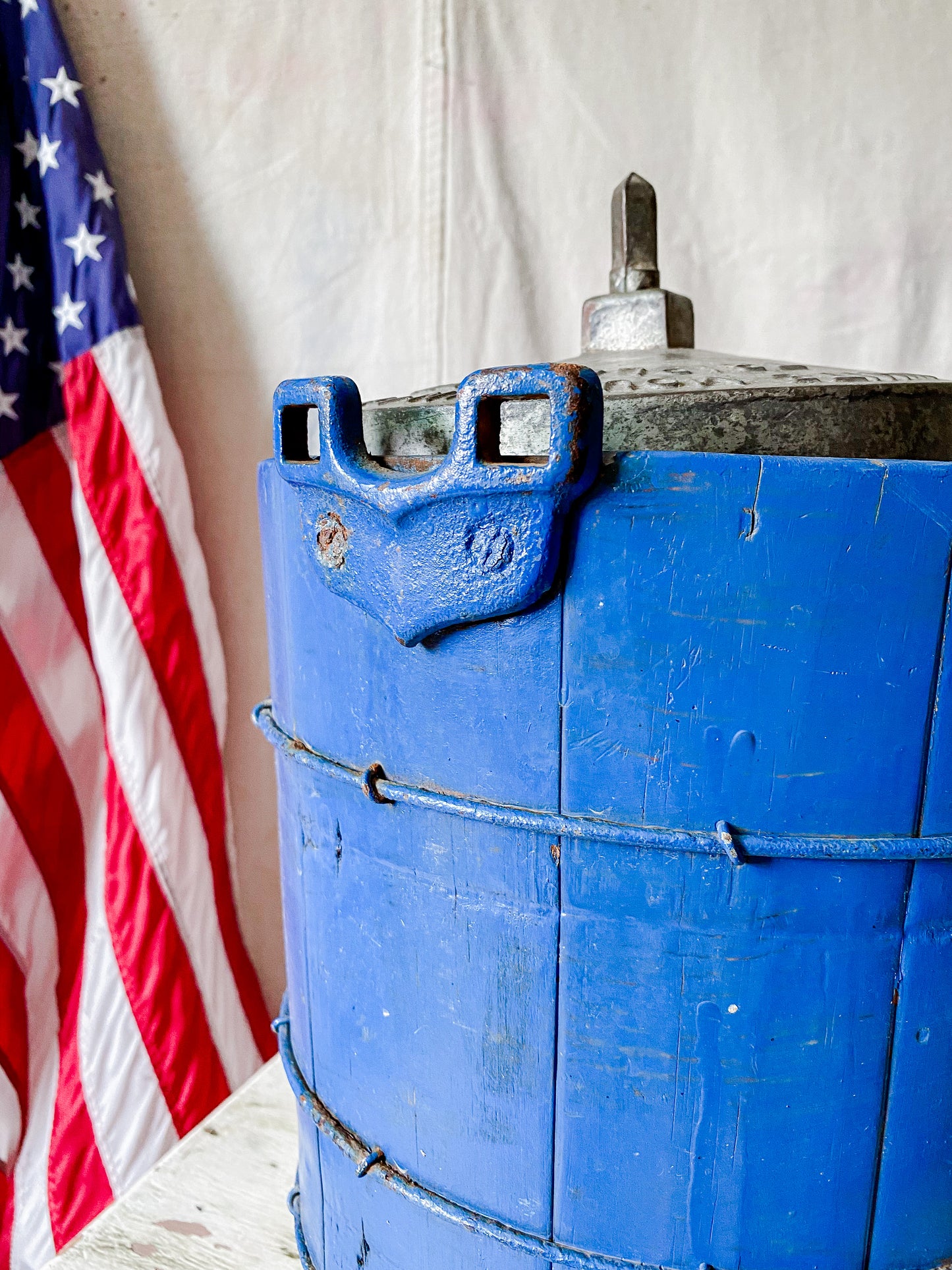 Vintage Blue Chippy Wood Ice Cream Bucket with White Mountain Churn Pail | Rustic Farmhouse Decor