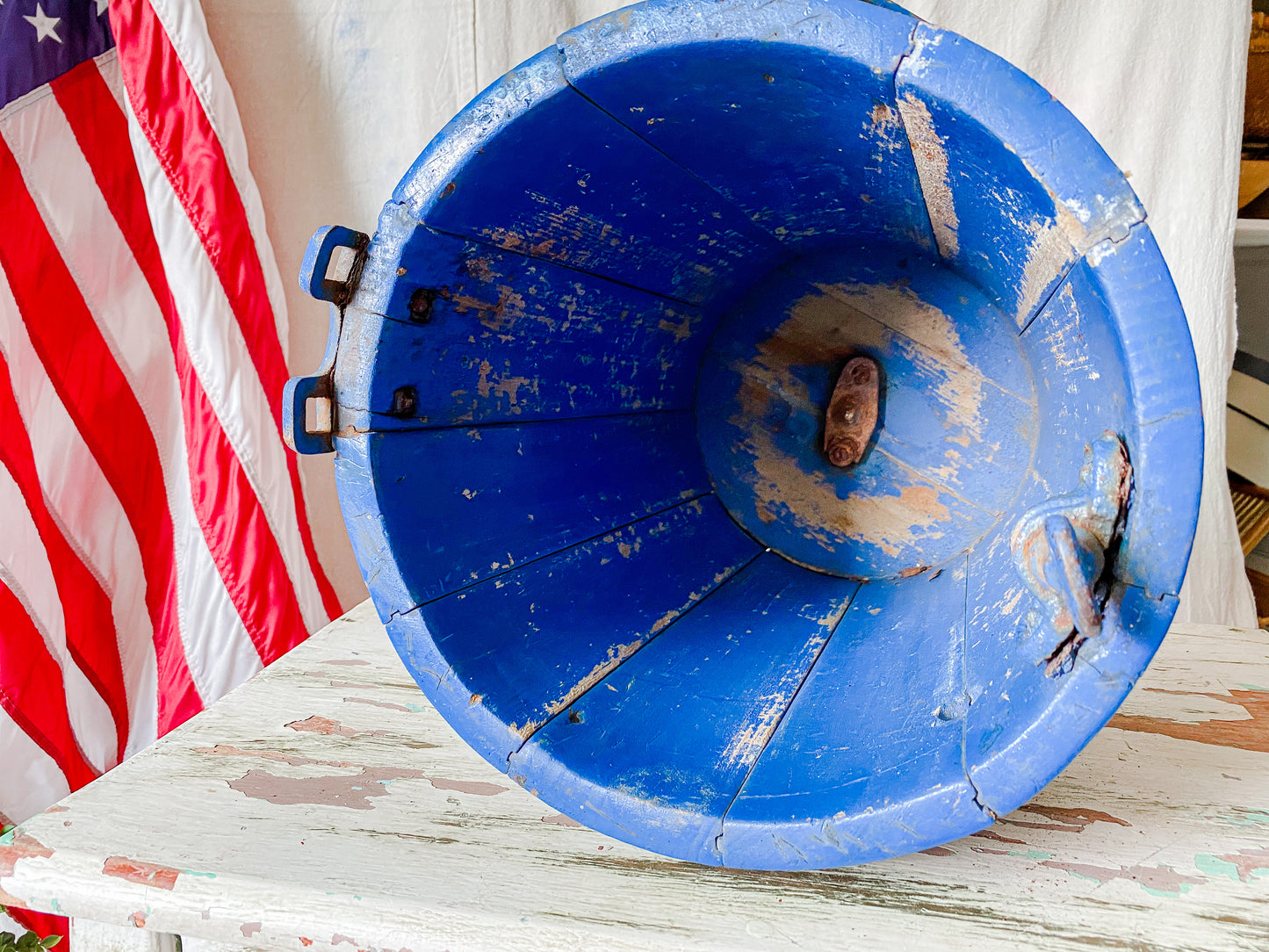 Vintage Blue Chippy Wood Ice Cream Bucket with White Mountain Churn Pail | Rustic Farmhouse Decor