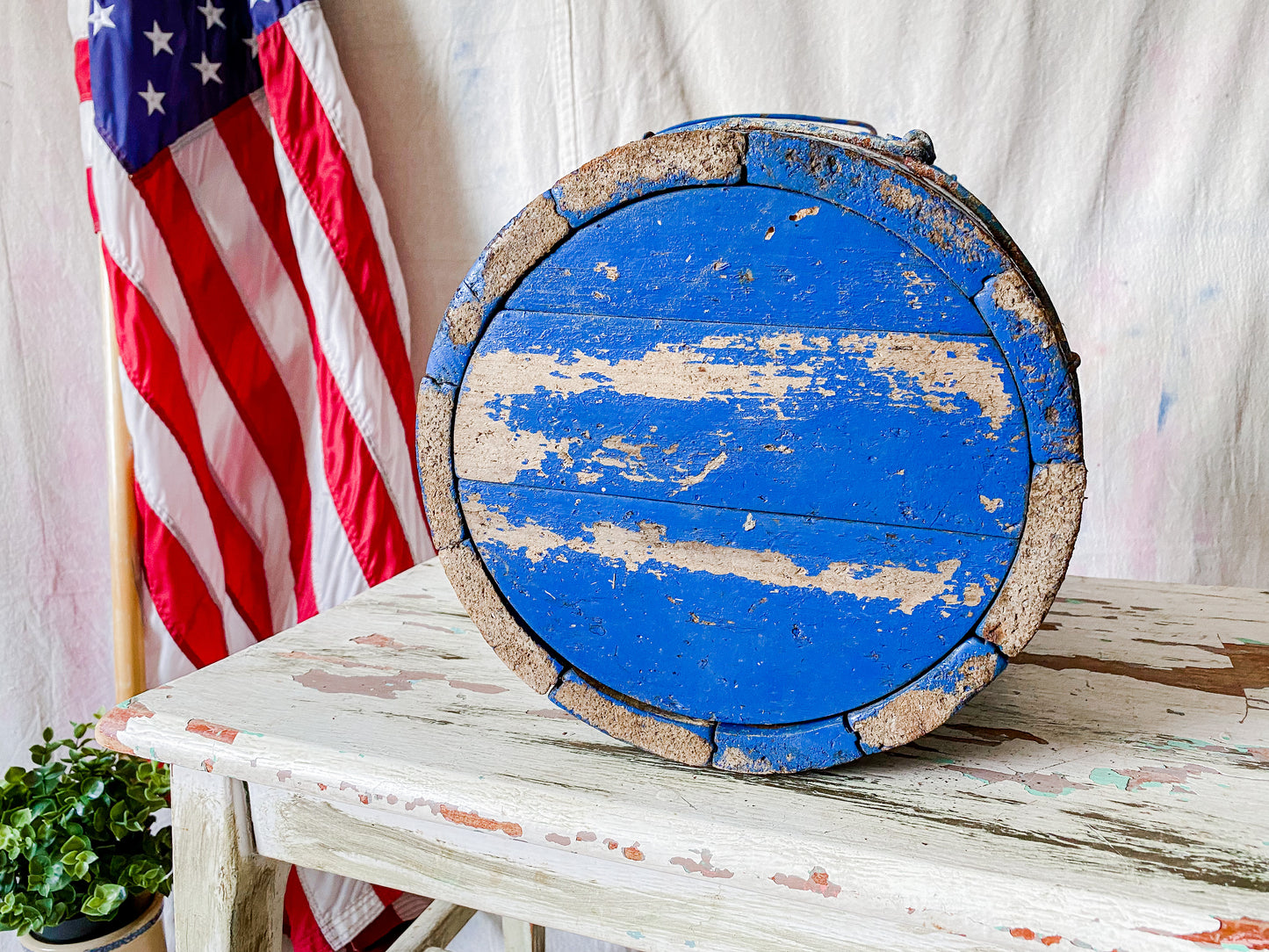 Vintage Blue Chippy Wood Ice Cream Bucket with White Mountain Churn Pail | Rustic Farmhouse Decor