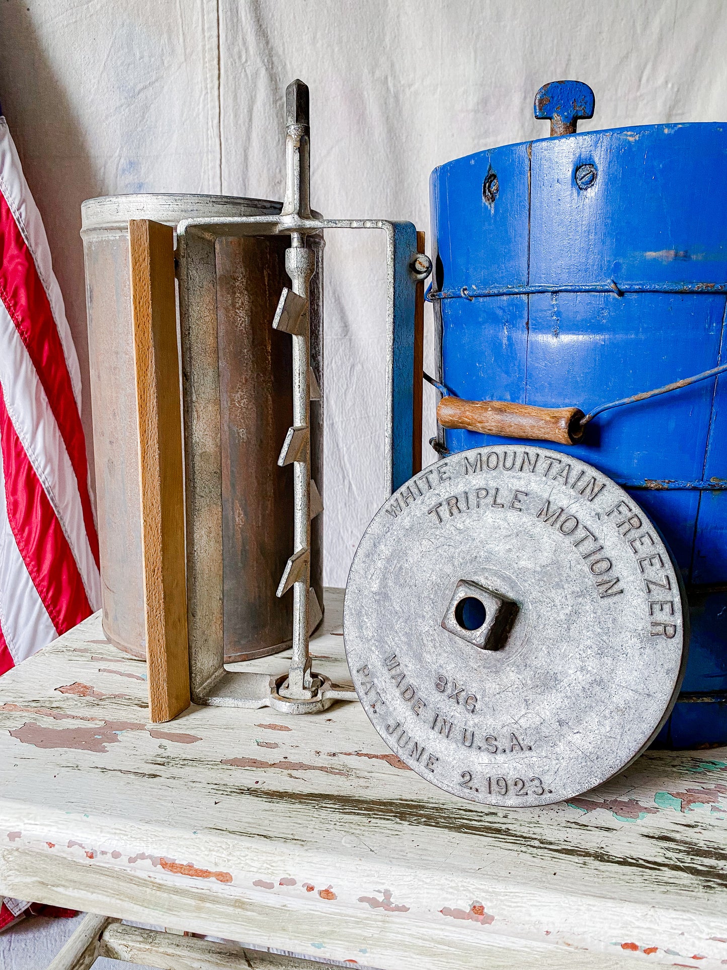 Vintage Blue Chippy Wood Ice Cream Bucket with White Mountain Churn Pail | Rustic Farmhouse Decor