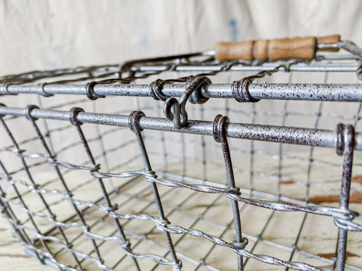 Vintage Silver Wire Basket with Latching Lid | Bathroom Towel Storage