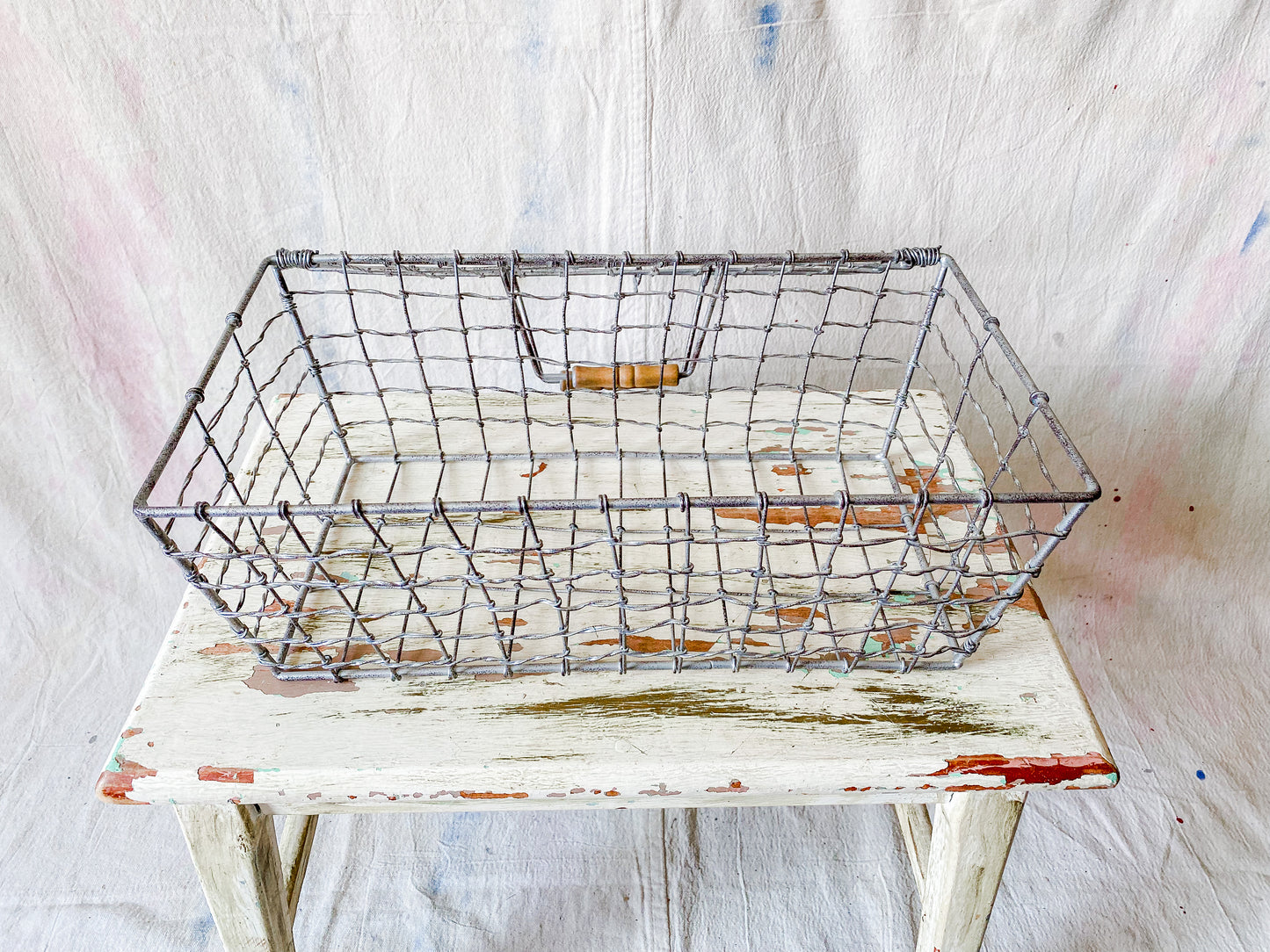 Vintage Silver Wire Basket with Latching Lid | Bathroom Towel Storage