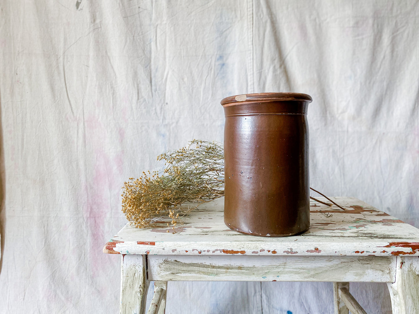 Antique Primitive Dark Brown Glazed 9" Crock | Rustic Farmhouse Kitchen | Antique Stoneware Jar