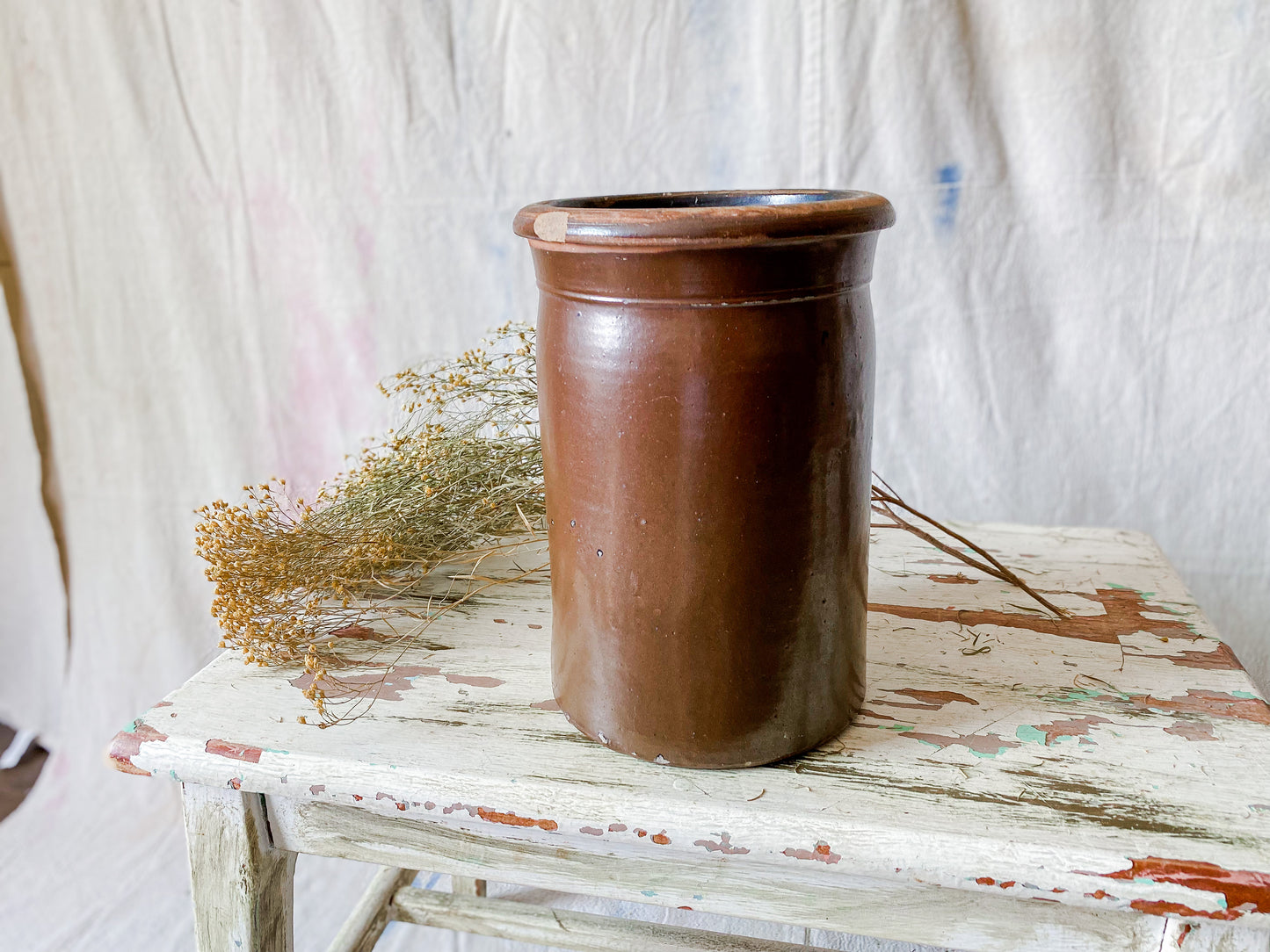Antique Primitive Dark Brown Glazed 9" Crock | Rustic Farmhouse Kitchen | Antique Stoneware Jar