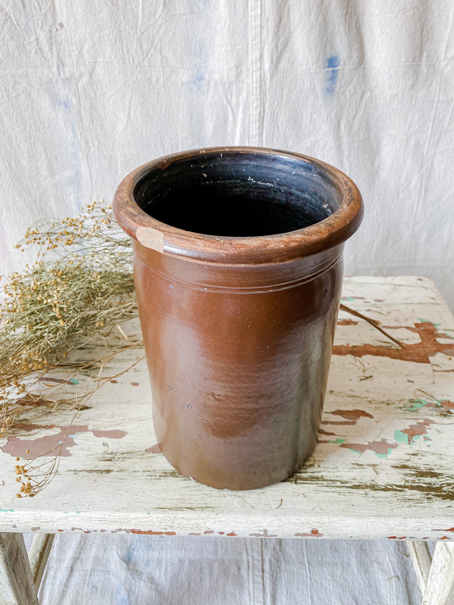Antique Primitive Dark Brown Glazed 9" Crock | Rustic Farmhouse Kitchen | Antique Stoneware Jar